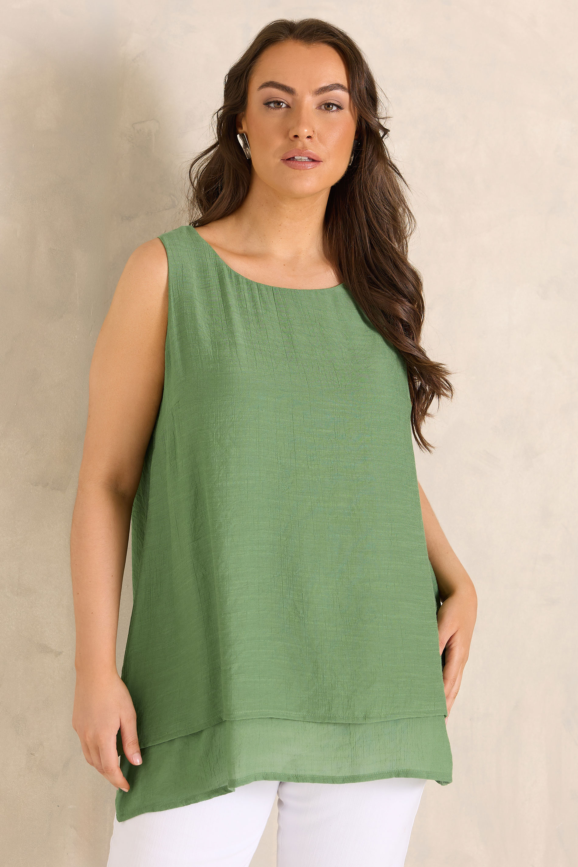EVANS Plus Size Khaki Green Double Layer Vest Top | Evans 1