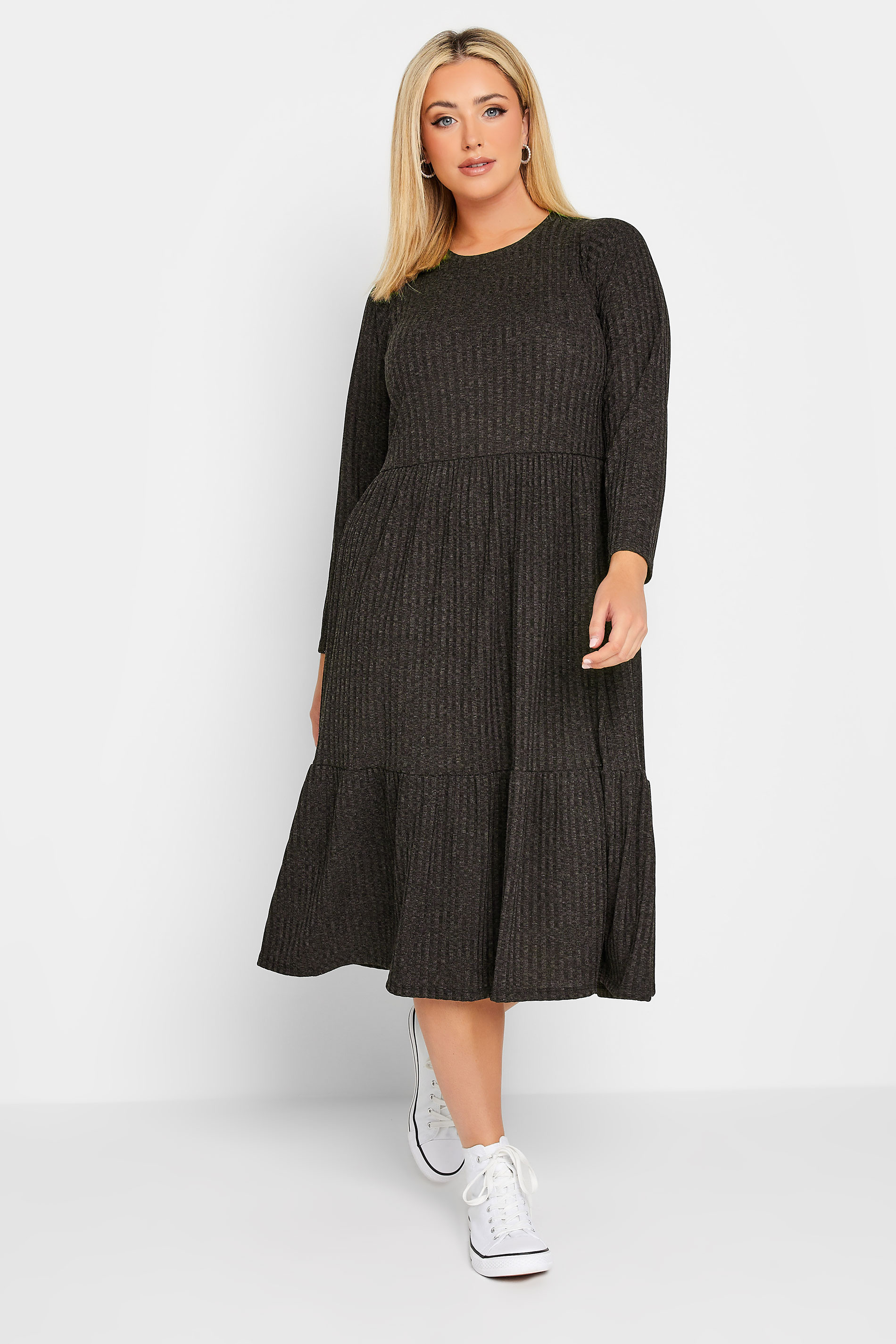 Curve Plus Size Charcoal Grey Ribbed Midi Tier Dress | Yours Clothing 2