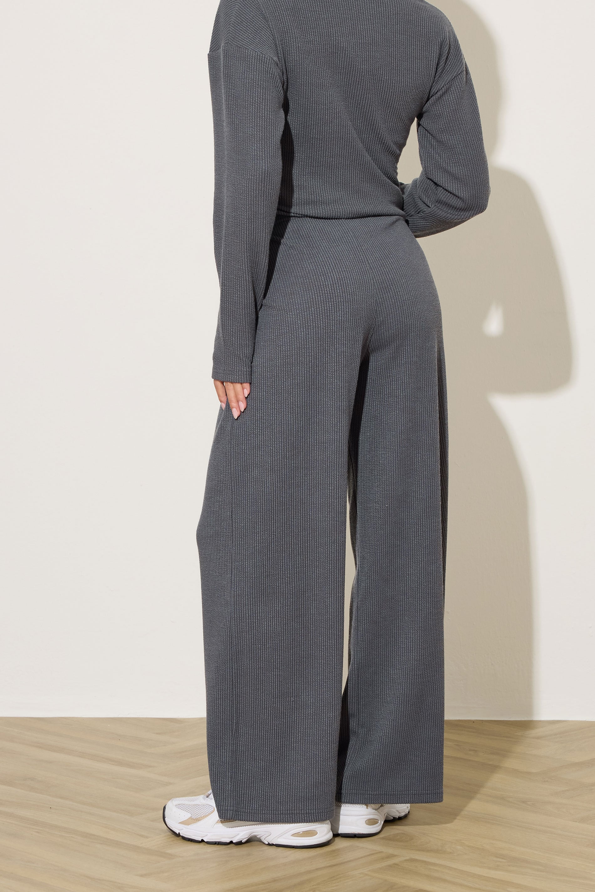 PixieGirl Petite Women's Charcoal Grey Textured Wide Leg Trousers | PixieGirl 2