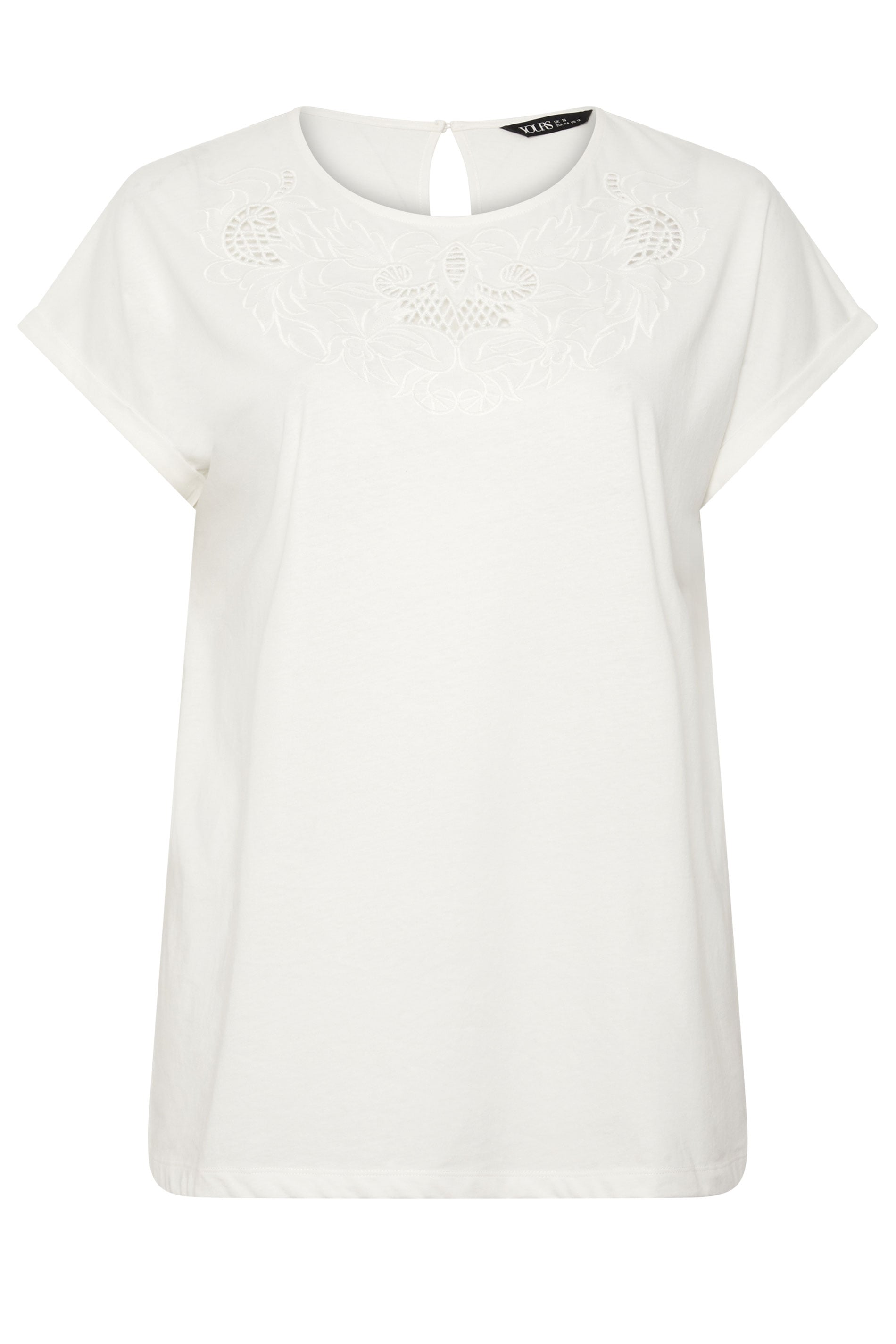YOURS Plus Size White Broderie Anglaise Grown On Sleeve T-Shirt | Yours Clothing 1