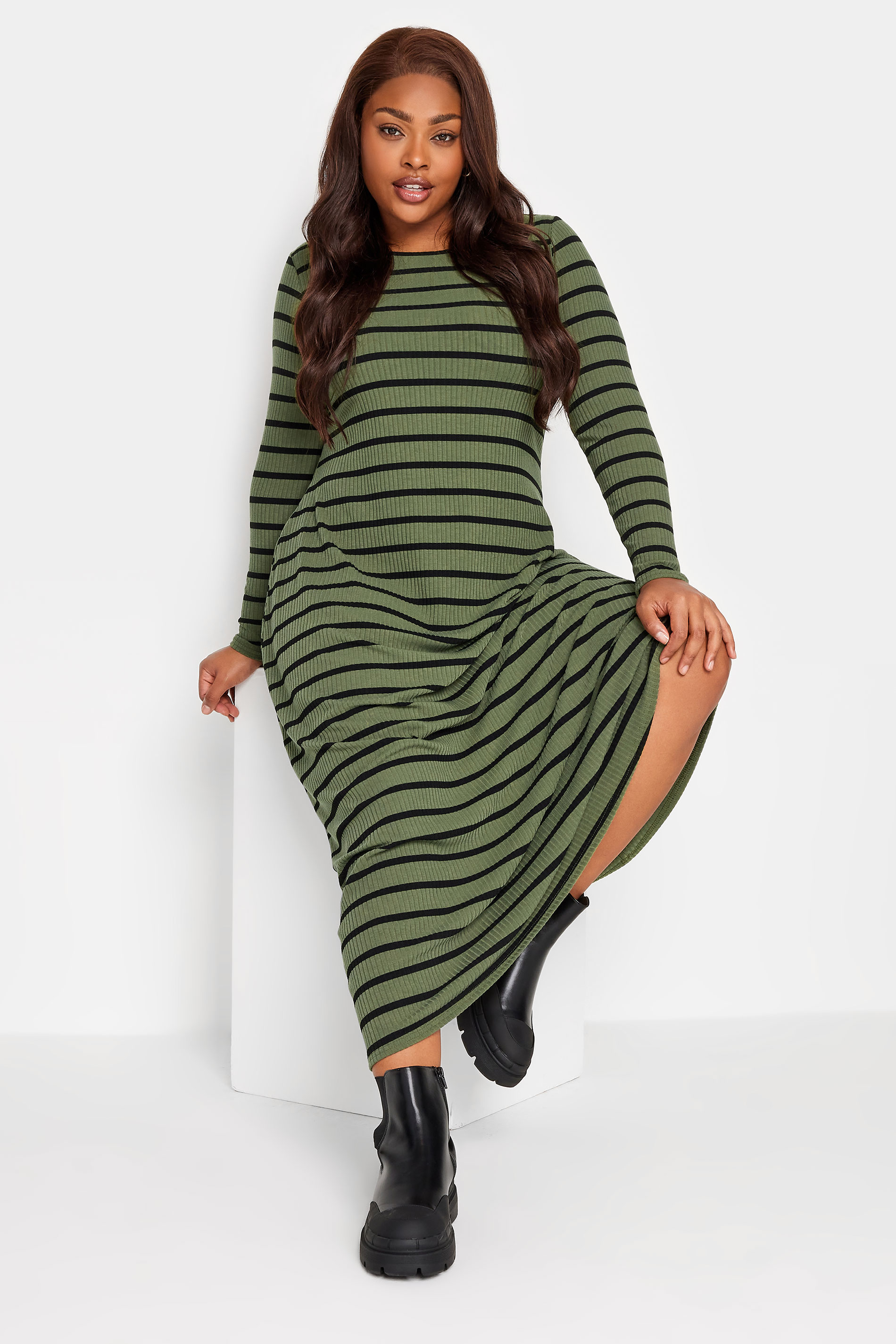 YOURS Curve Plus Size Khaki Green Stripe Ribbed Maxi Swing Dress | Yours Clothing  3