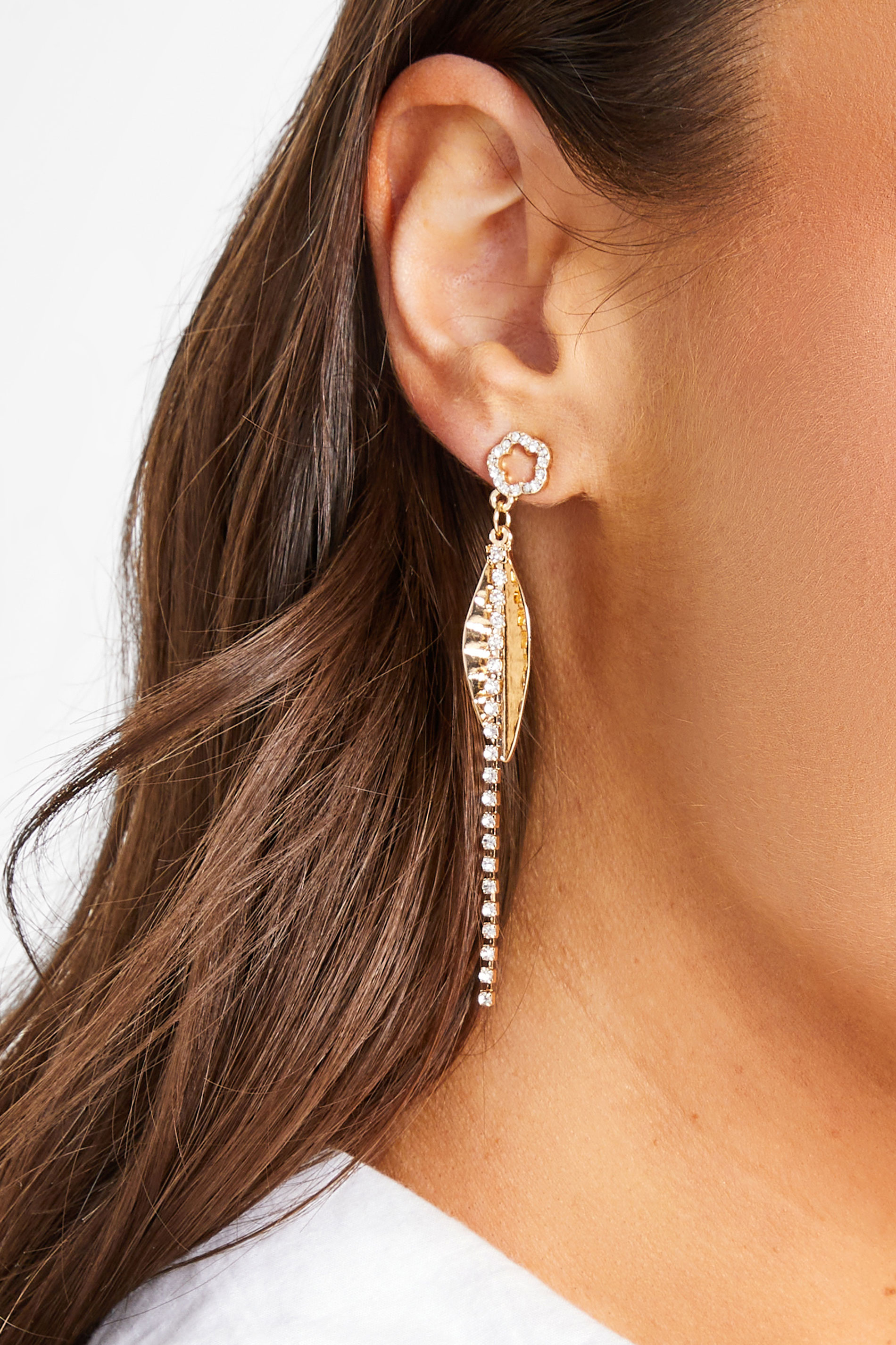 Gold Leaf Diamante Drop Earrings | Yours Clothing 1
