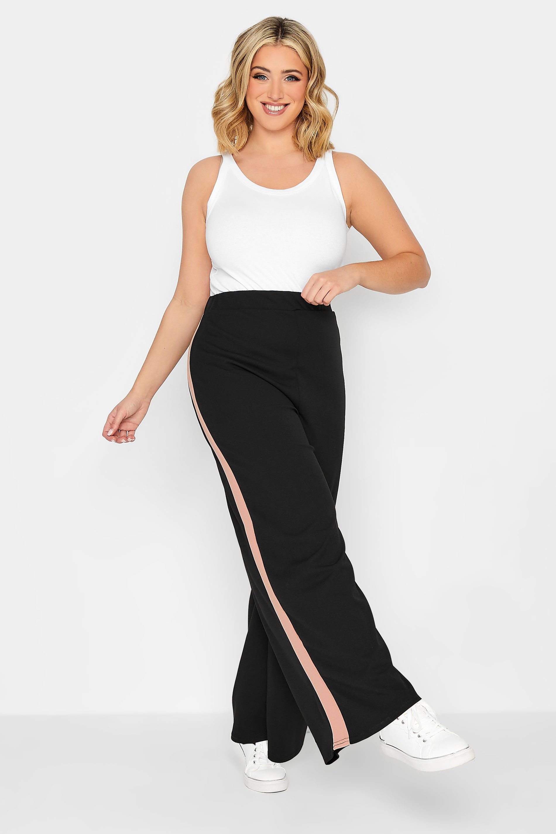 YOURS PETITE Plus Size Black Side Stripe Wide Leg Trousers | Yours Clothing 2