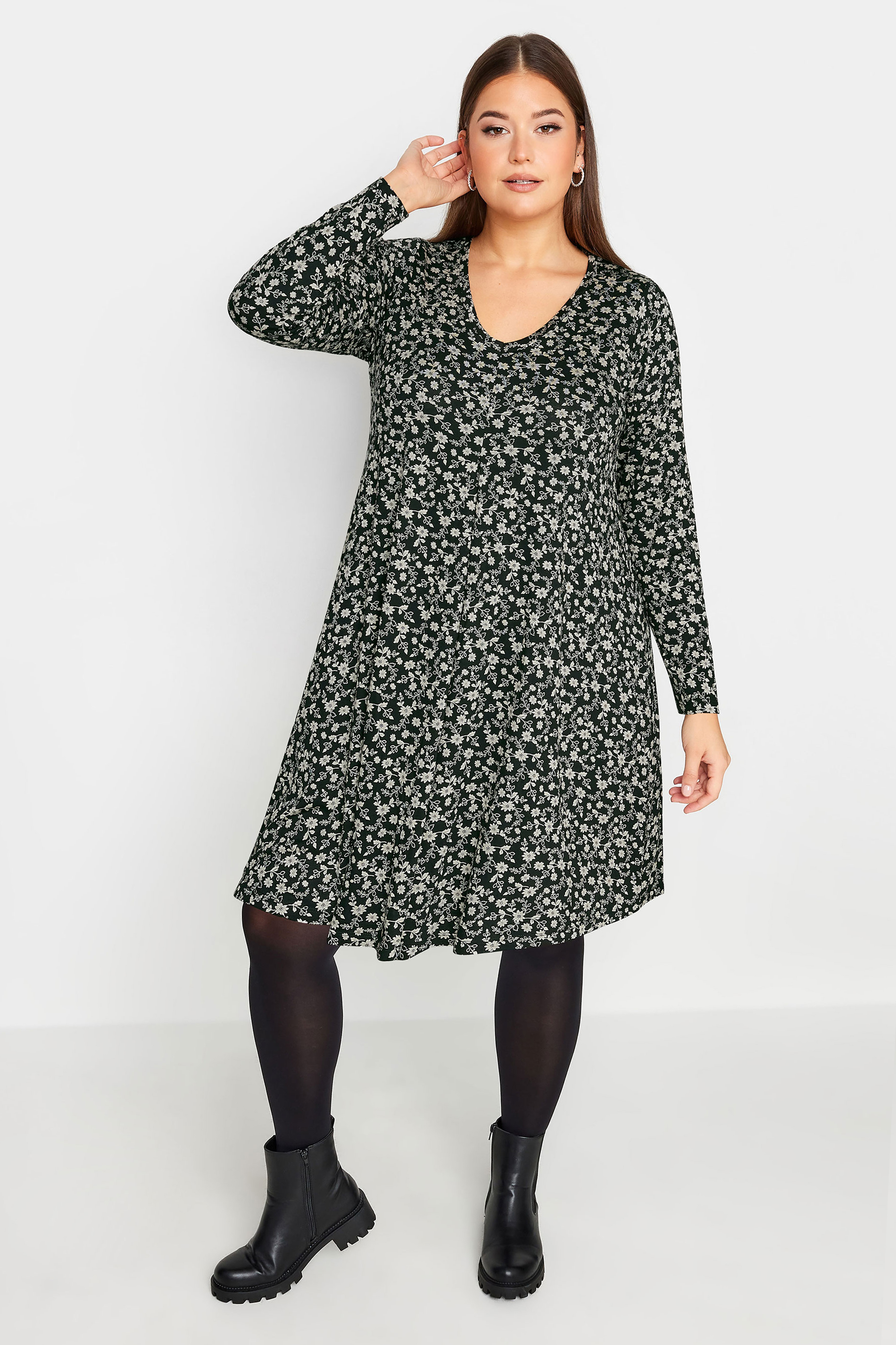 YOURS Plus Size Black Ditsy Floral Print Swing Dress | Yours Clothing