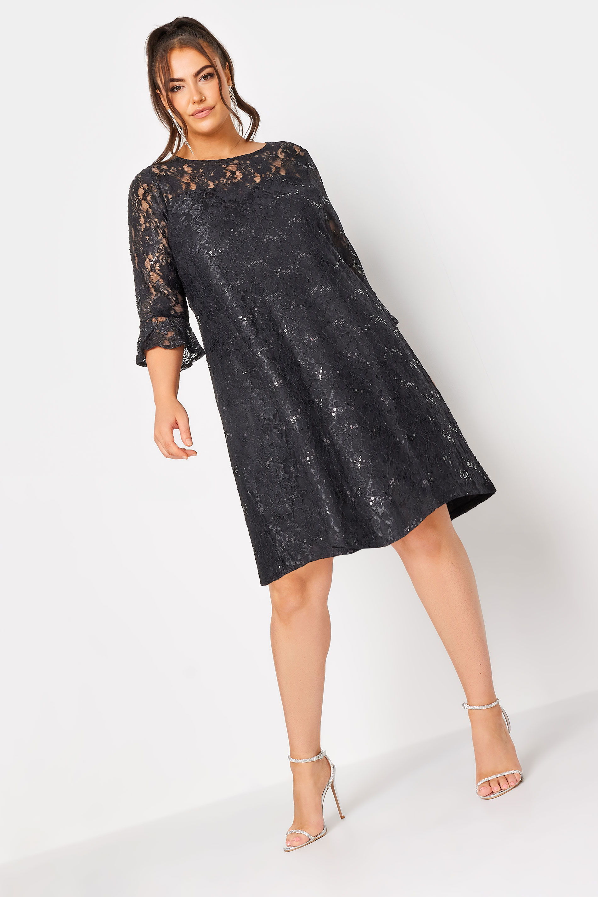 YOURS Plus Size Black Lace Sequin Embellished Swing Dress | Yours Clothing 2