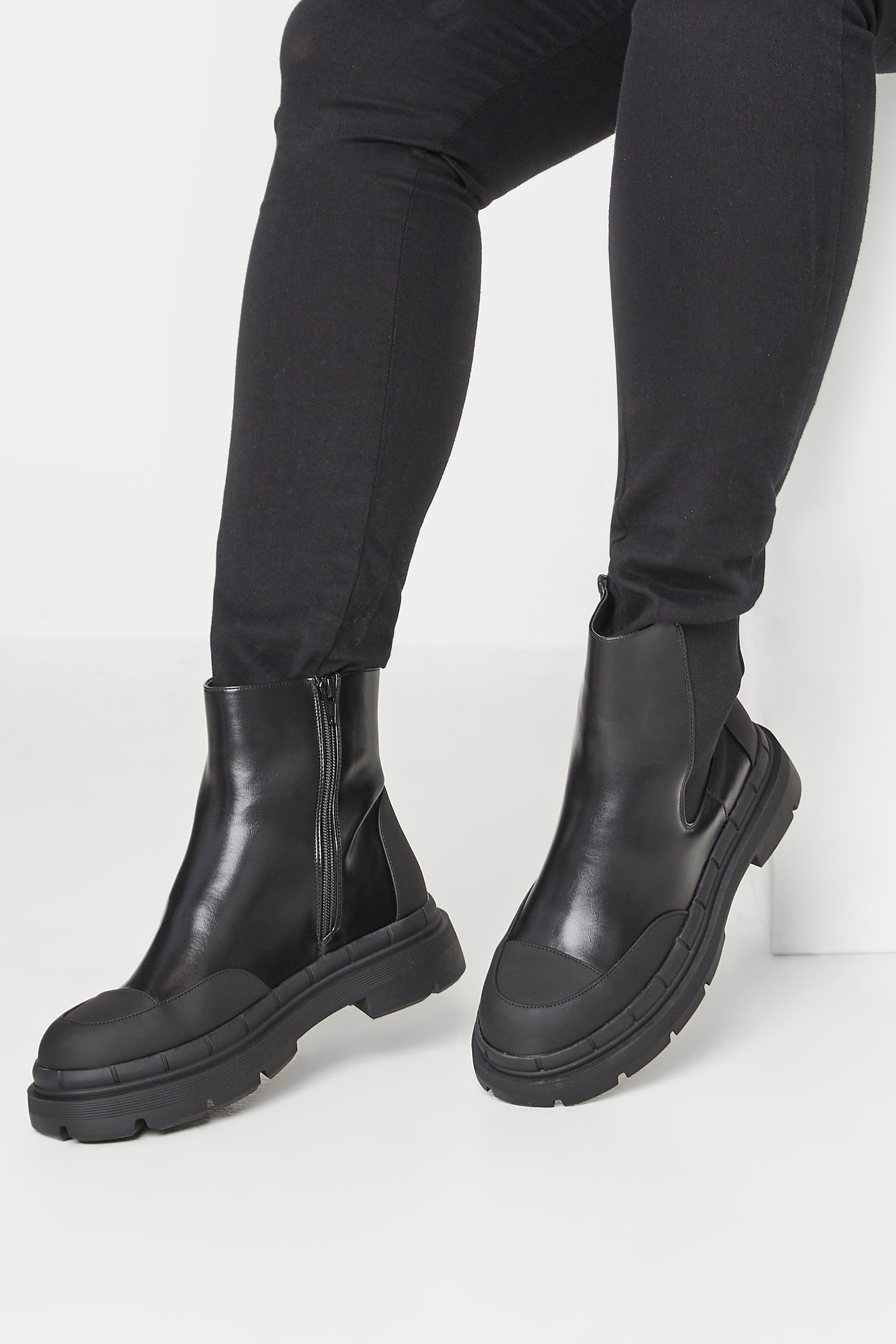 Black Chunky High Chelsea Boots In Wide E Fit | Yours Clothing  1