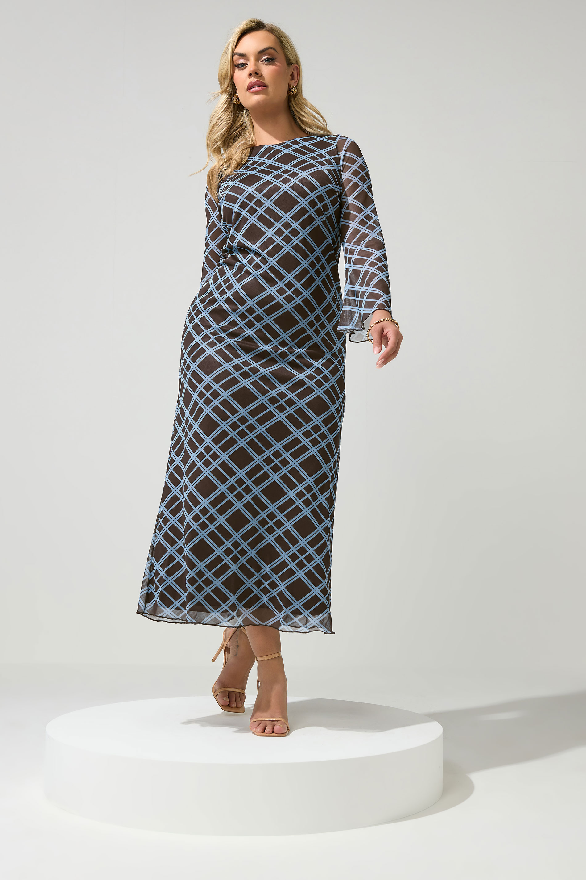 YOURS LONDON Plus Size Chocolate Brown & Blue Checked Mesh Dress | Yours Clothing 1