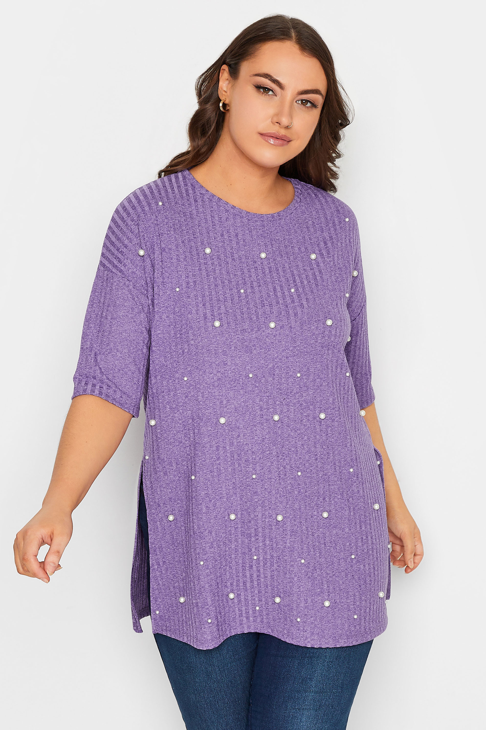 Plus Size Purple Pearl Embellished Split Hem Top | Yours Clothing 1