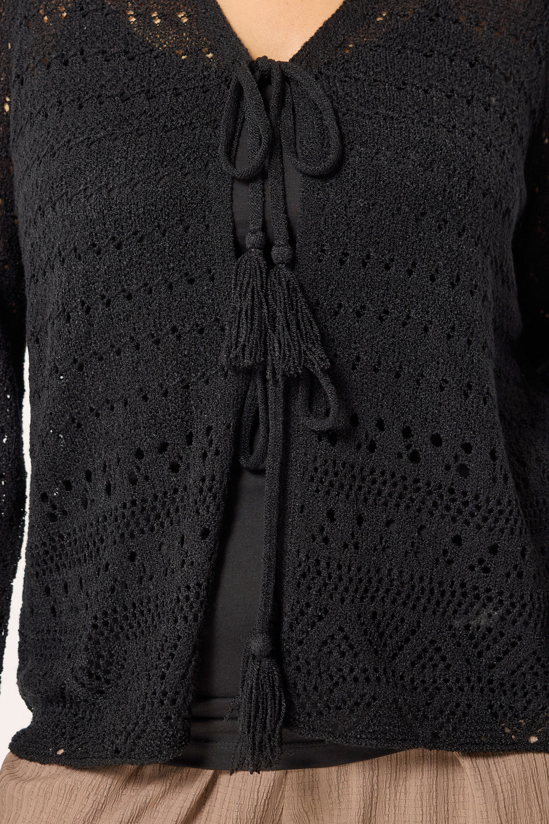 YOURS Plus Size Black Pointelle Knitted Tie Cardigan | Yours Clothing 4