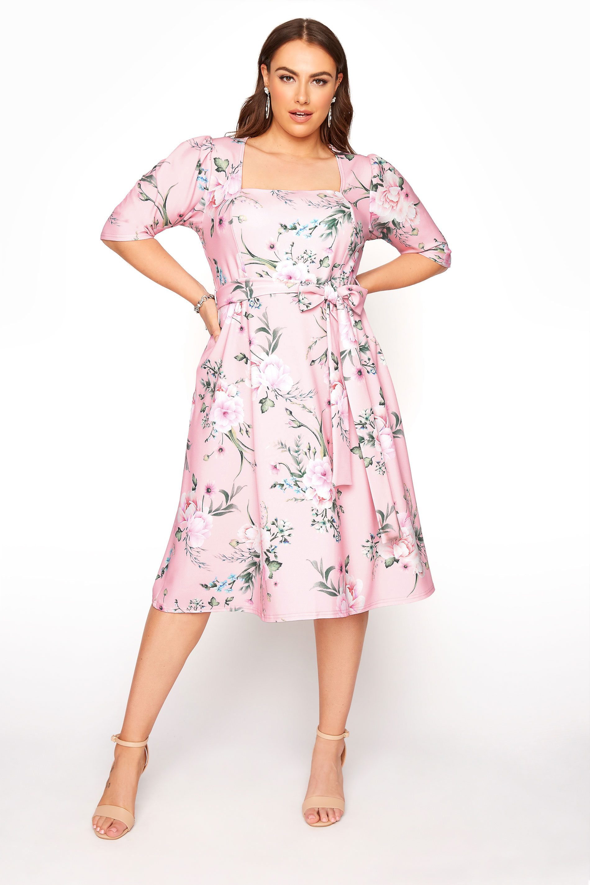 YOURS LONDON Pink Floral Square Neck Dress | Yours Clothing