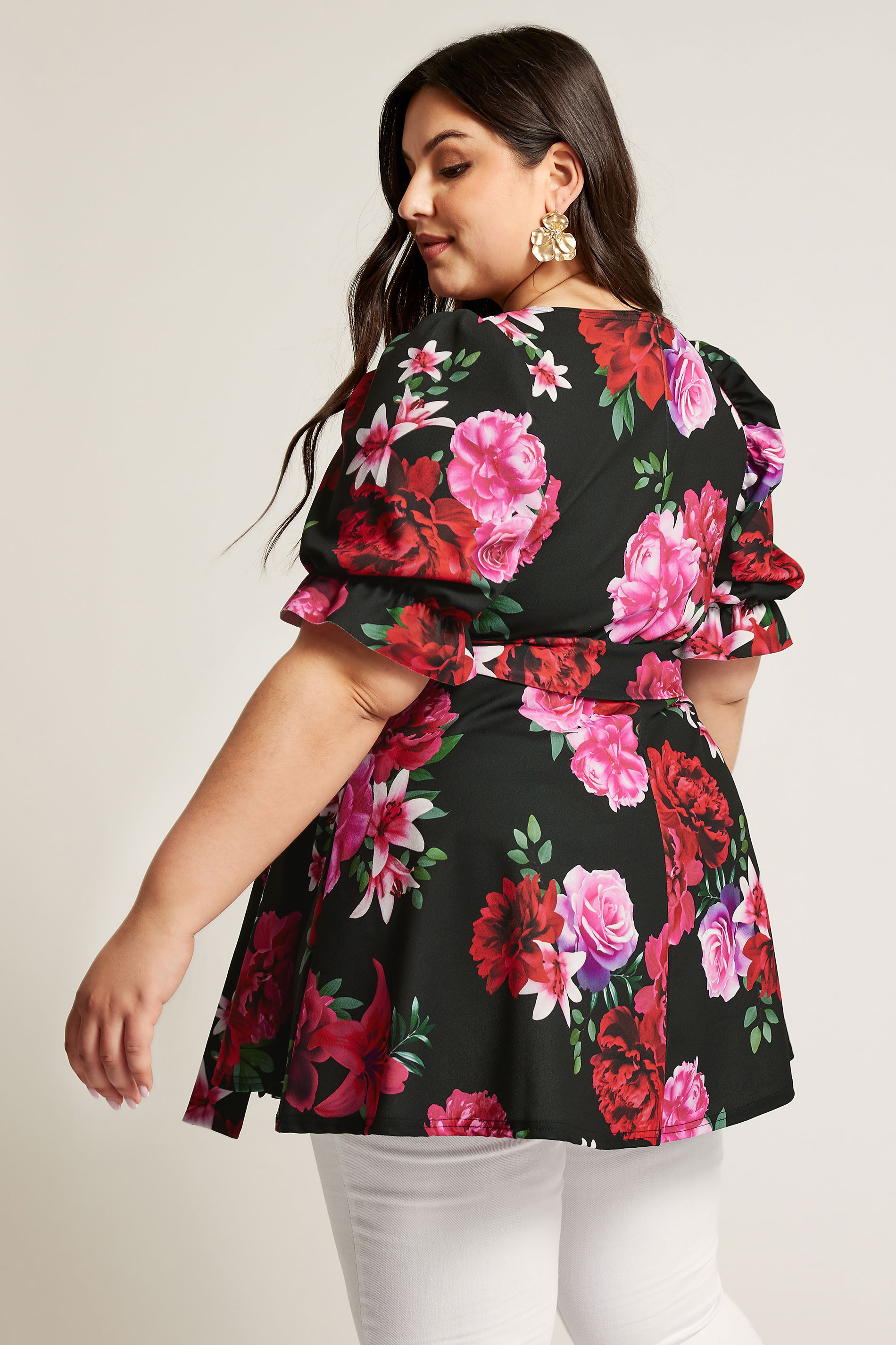 YOURS LONDON Plus Size Black & Pink Floral Print Peplum Top | Yours Clothing 3