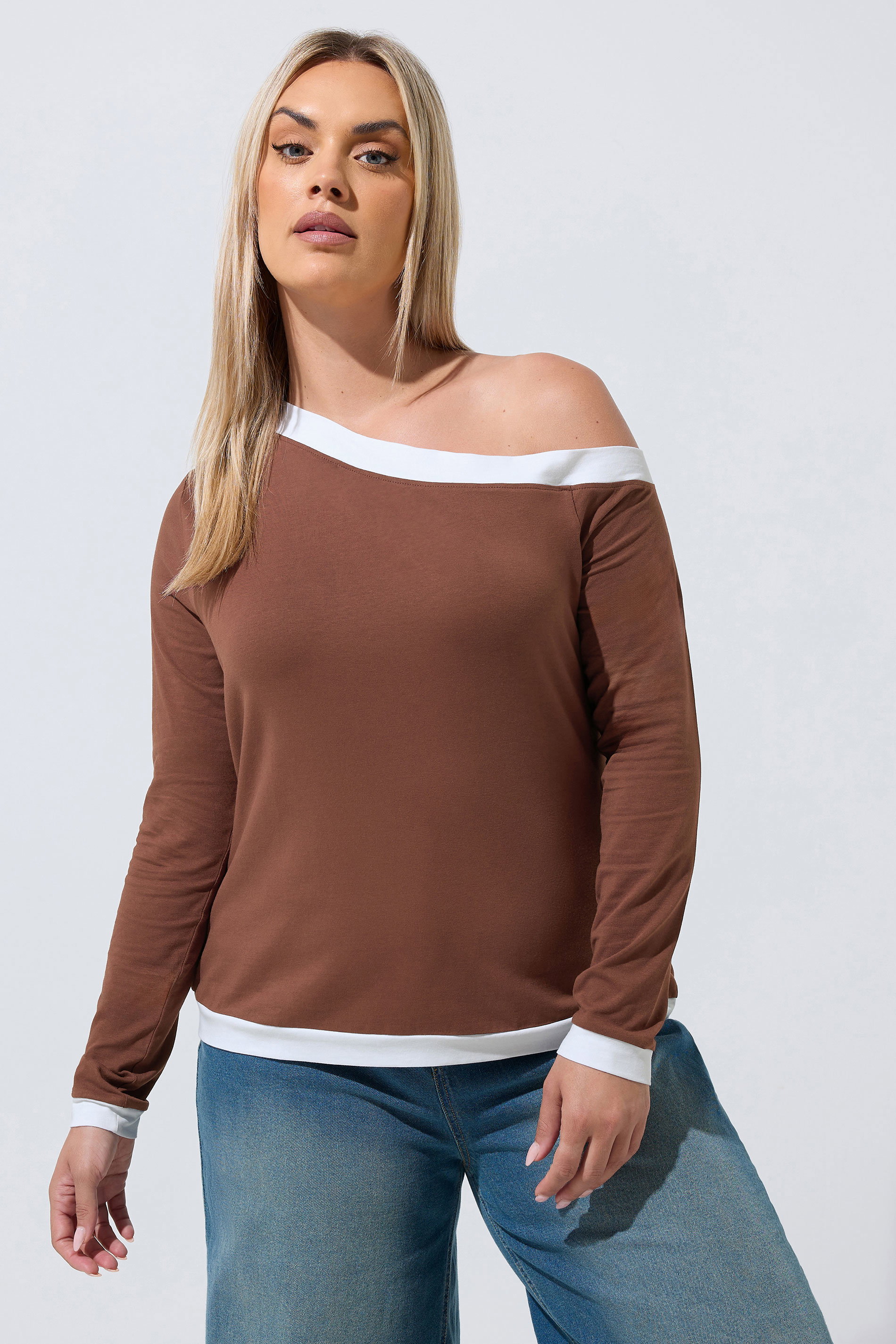 LIMITED COLLECTION Plus Size Chocolate Brown Contrast Off Shoulder Top | Yours Clothing 3
