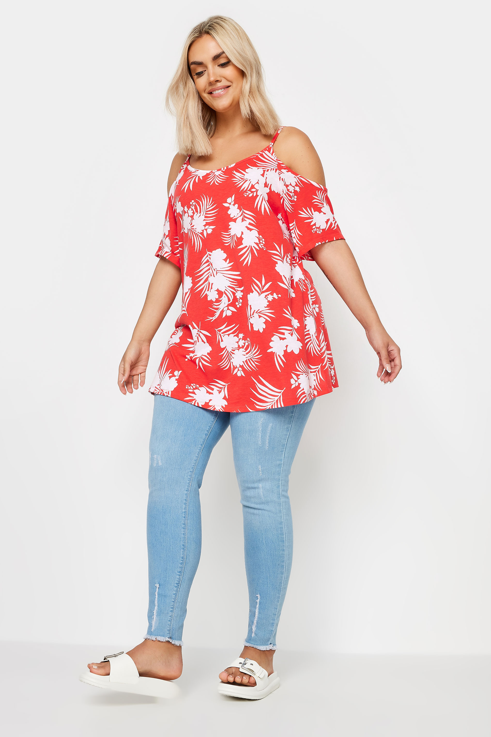YOURS Plus Size Red Tropical Print Cold Shoulder Top | Yours Clothing 2