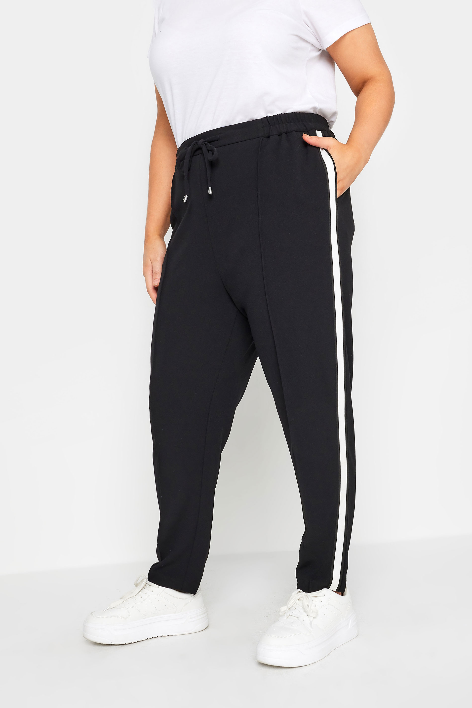 YOURS Plus Size Black Side Stripe Straight Leg Joggers | Yours Clothing 1