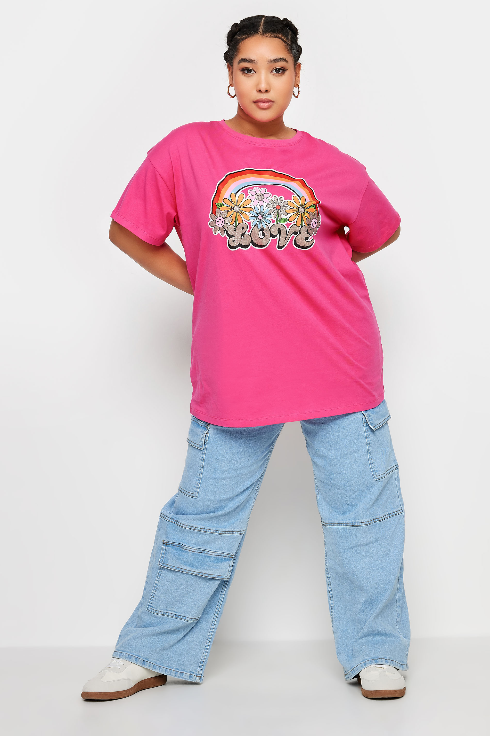 YOURS Plus Size Pink Rainbow Print 'Love' Slogan Oversized T-Shirt | Yours Clothing 3