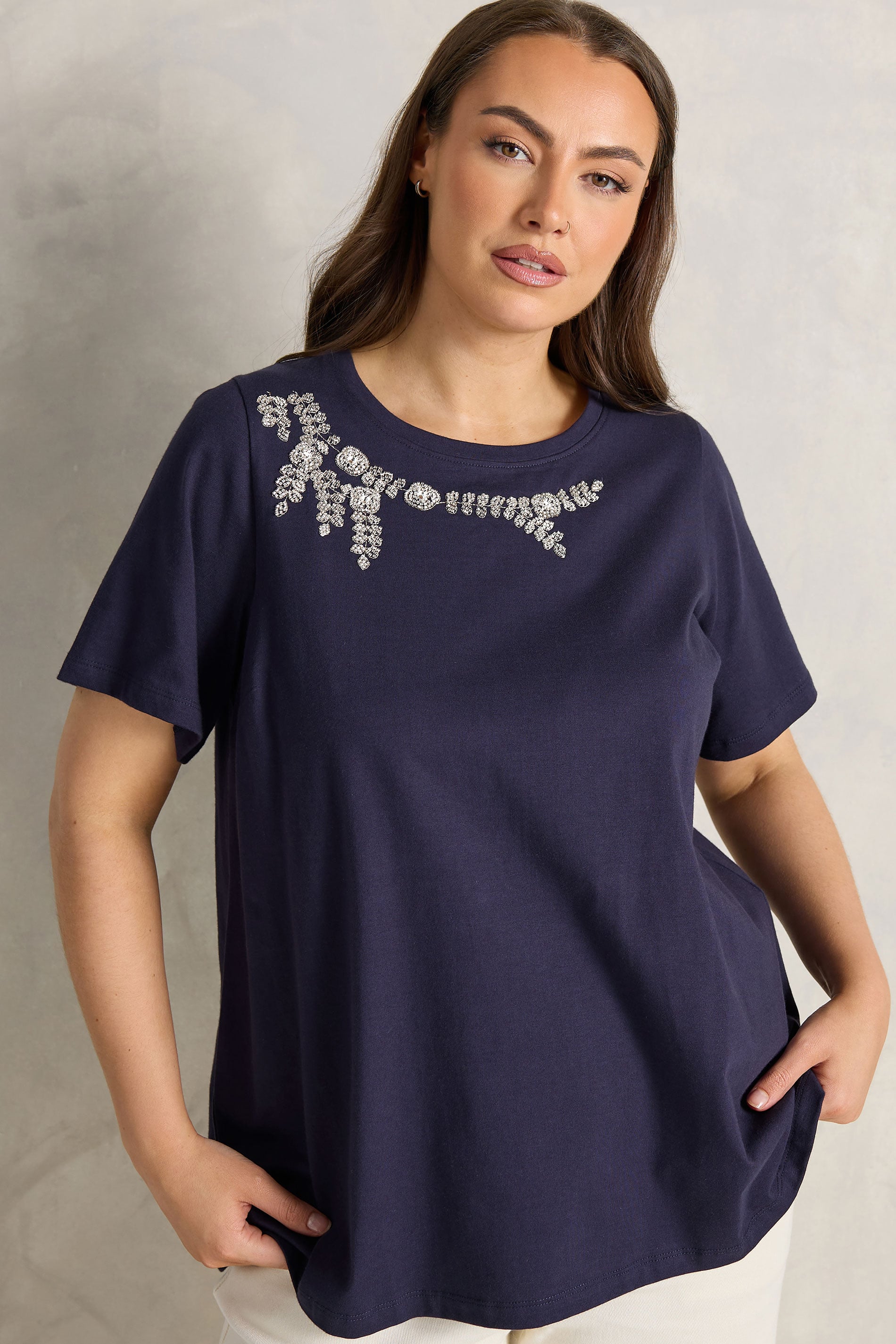 EVANS Plus Size Navy Blue Beaded Flower T-Shirt | Evans 3