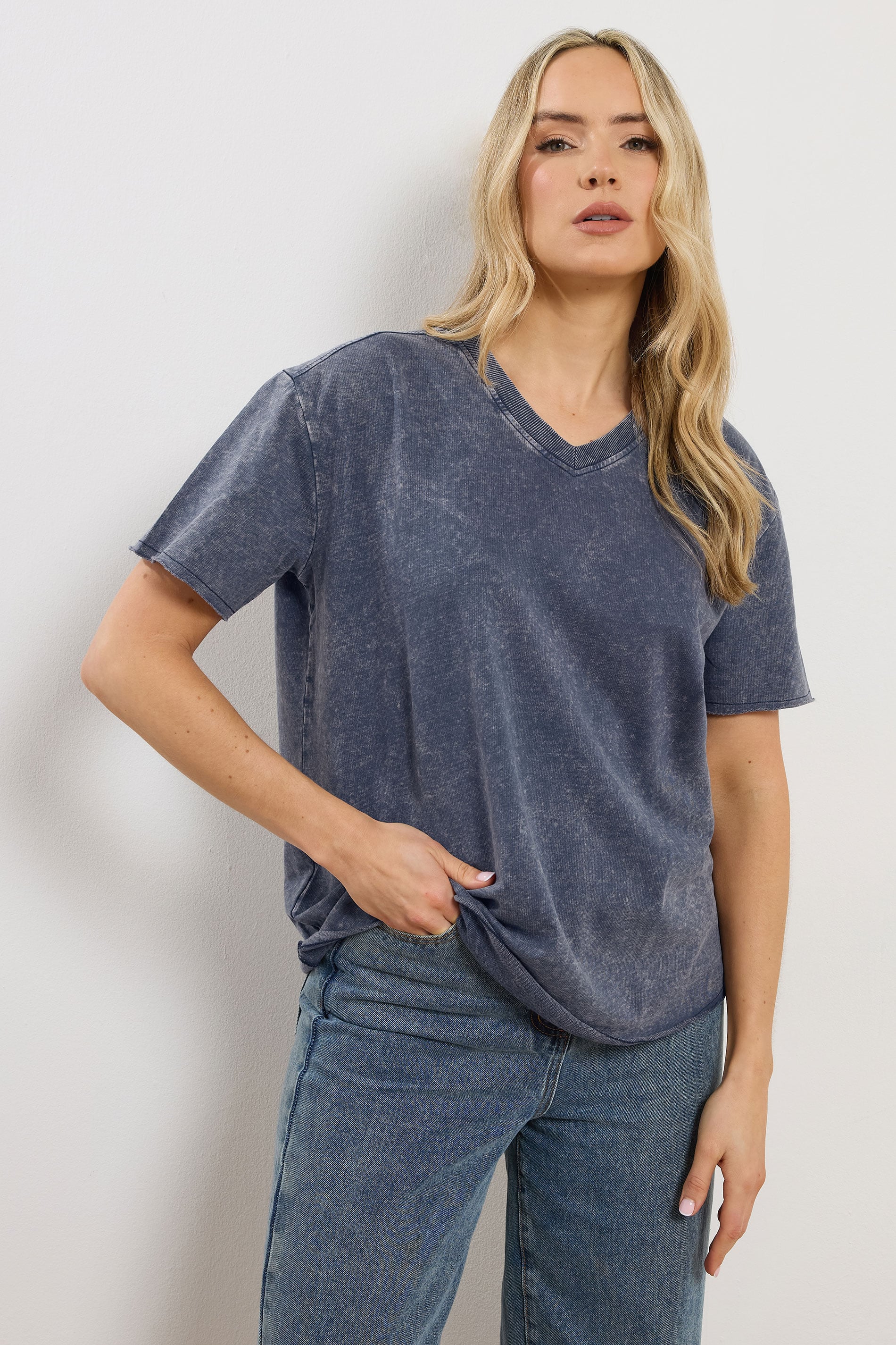 LTS Tall Woman's Navy Blue Acid Wash Oversized T-Shirt | Long Tall Sally 3
