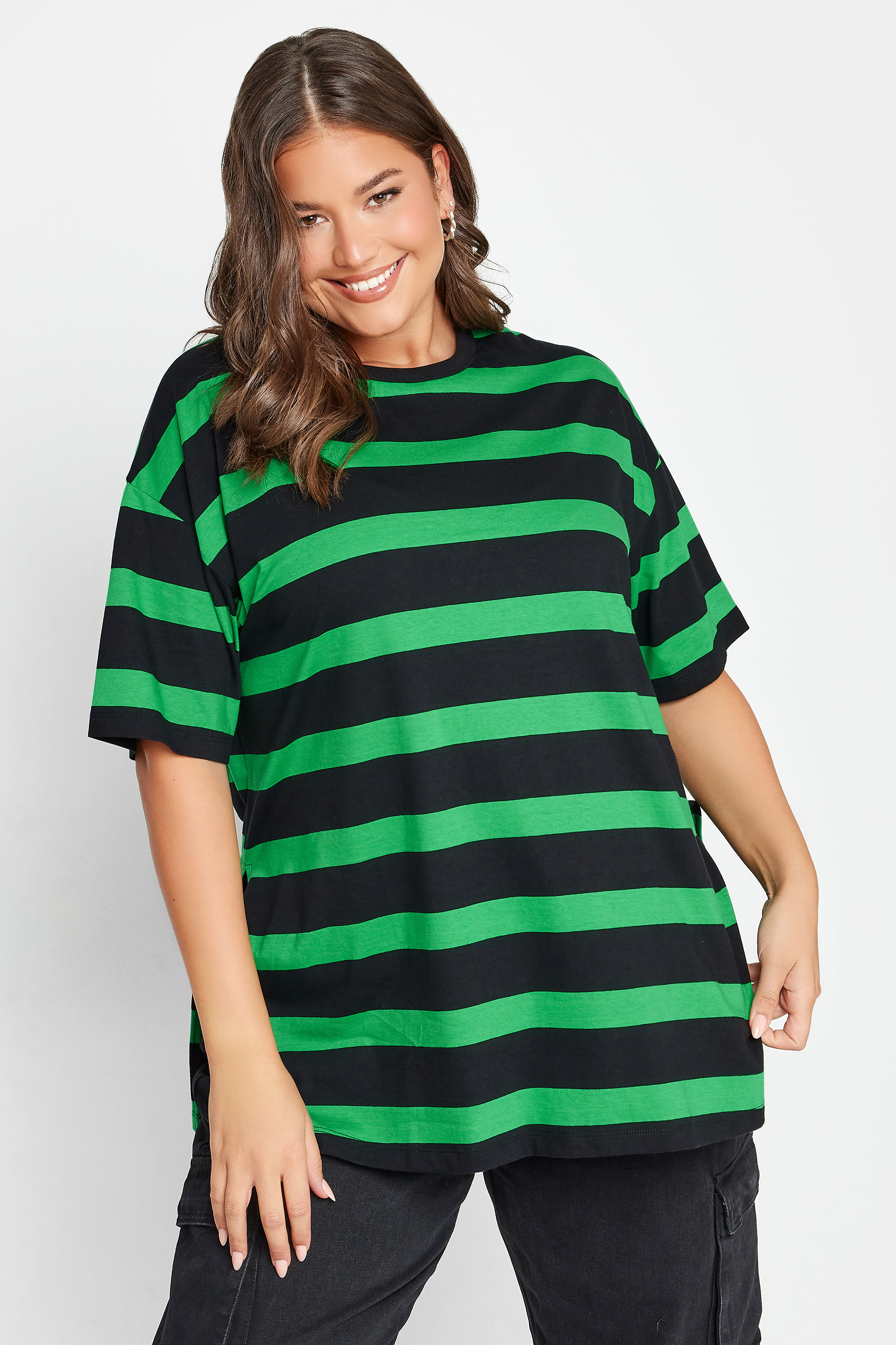 YOURS Plus Size Green Stripe Oversized T-Shirt | Yours Clothing 1