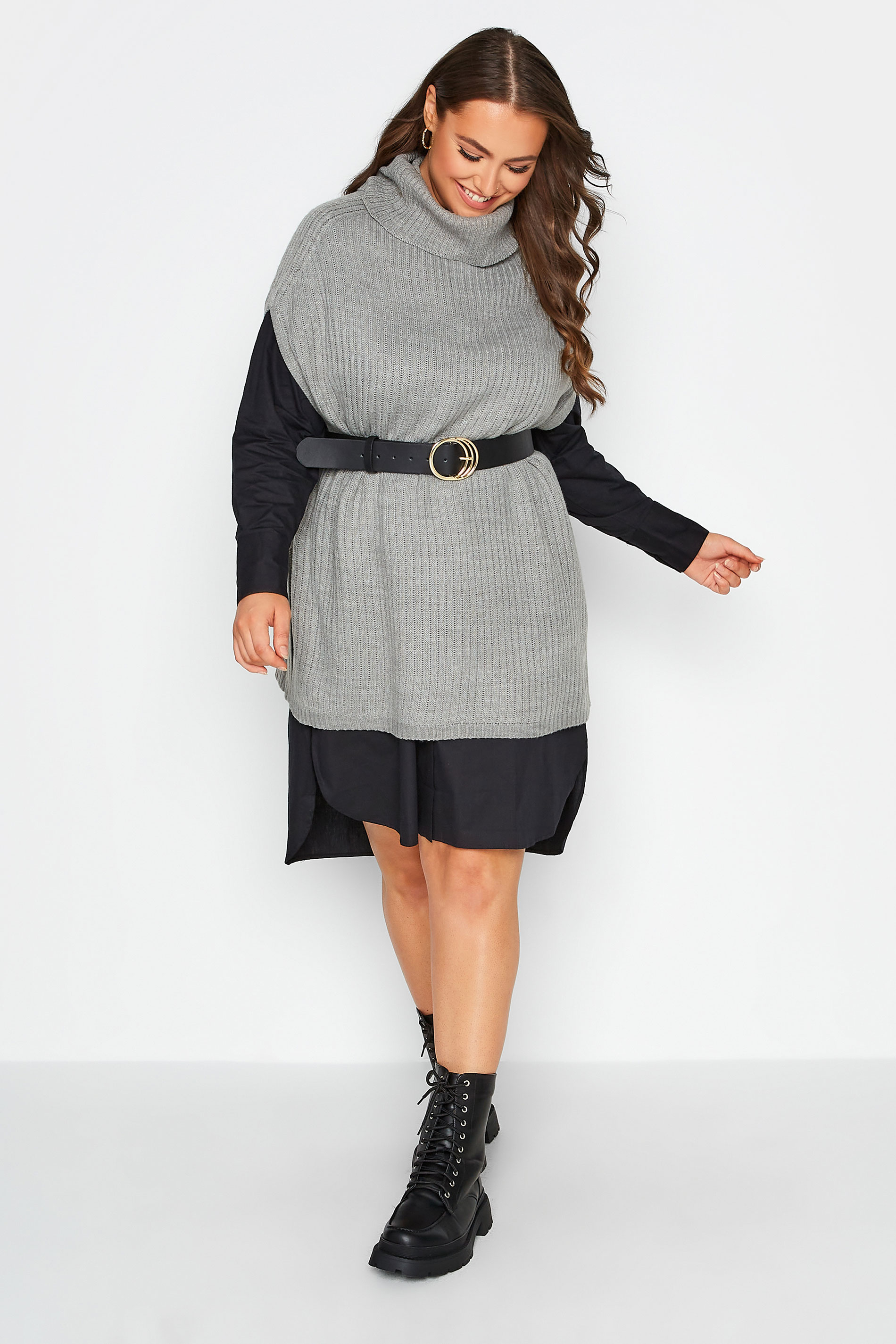 Plus Size Curve Grey Ribbed Knit Tabard Vest Top | Yours Clothing 1