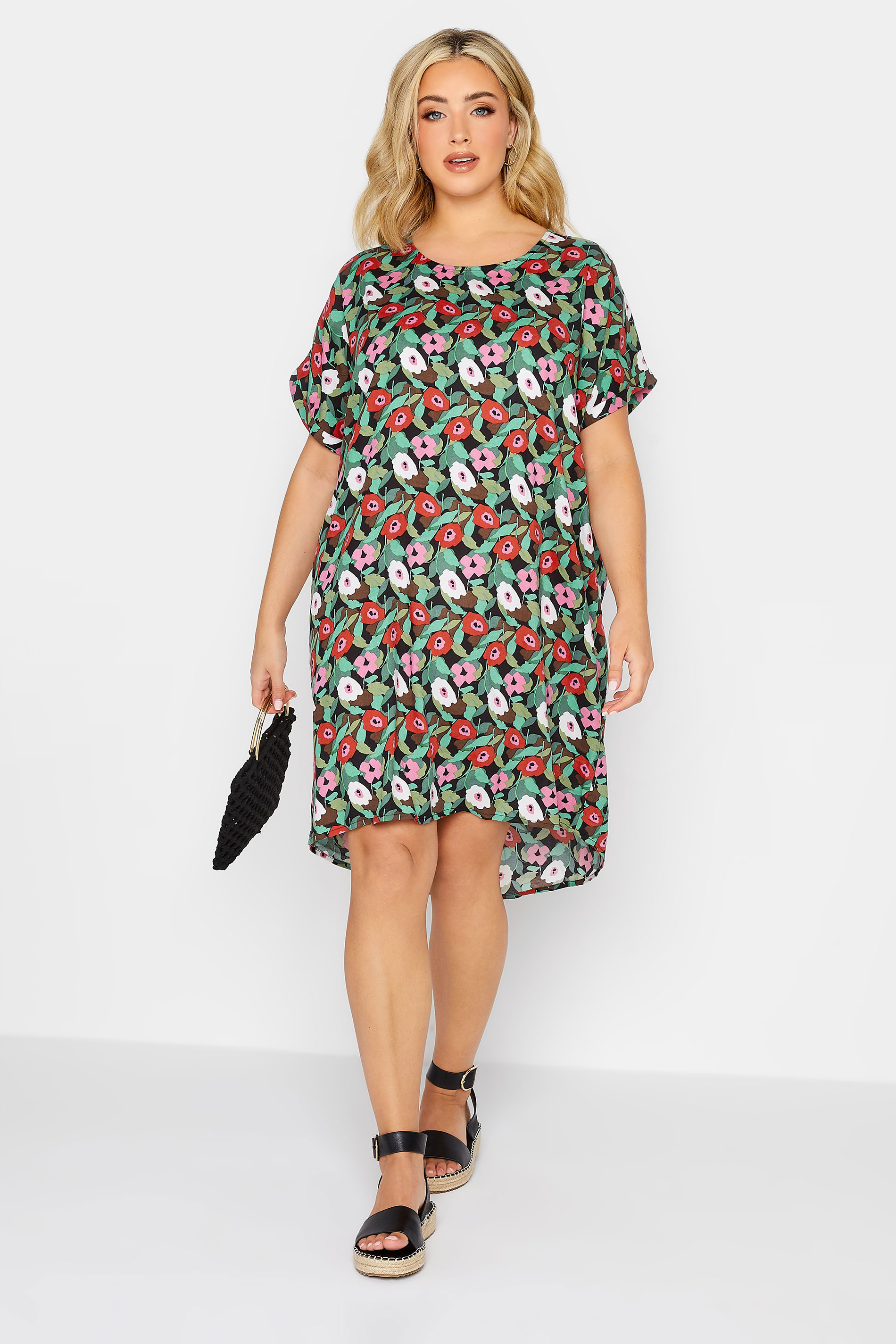 YOURS Plus Size Black Floral Print Dipped Hem Shift Dress | Yours Clothing 2
