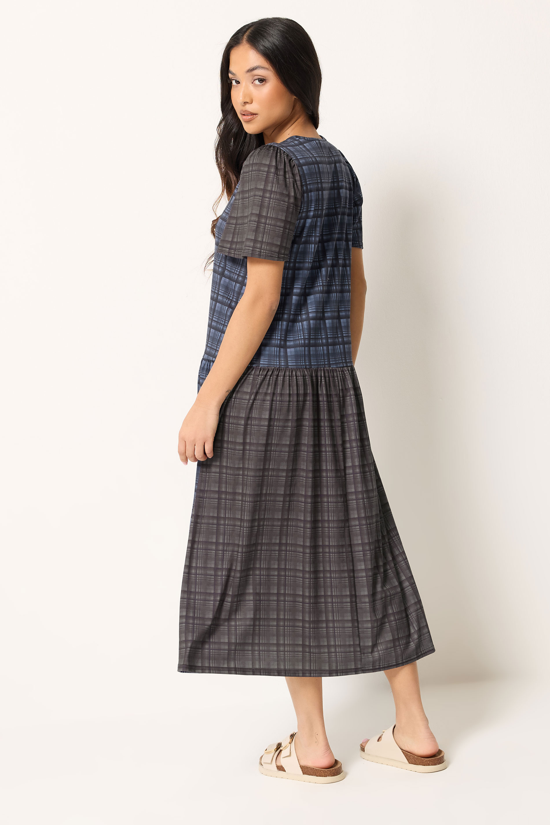 PixieGirl Petite Women's Navy Blue & Brown Check Midi Dress | PixieGirl 2