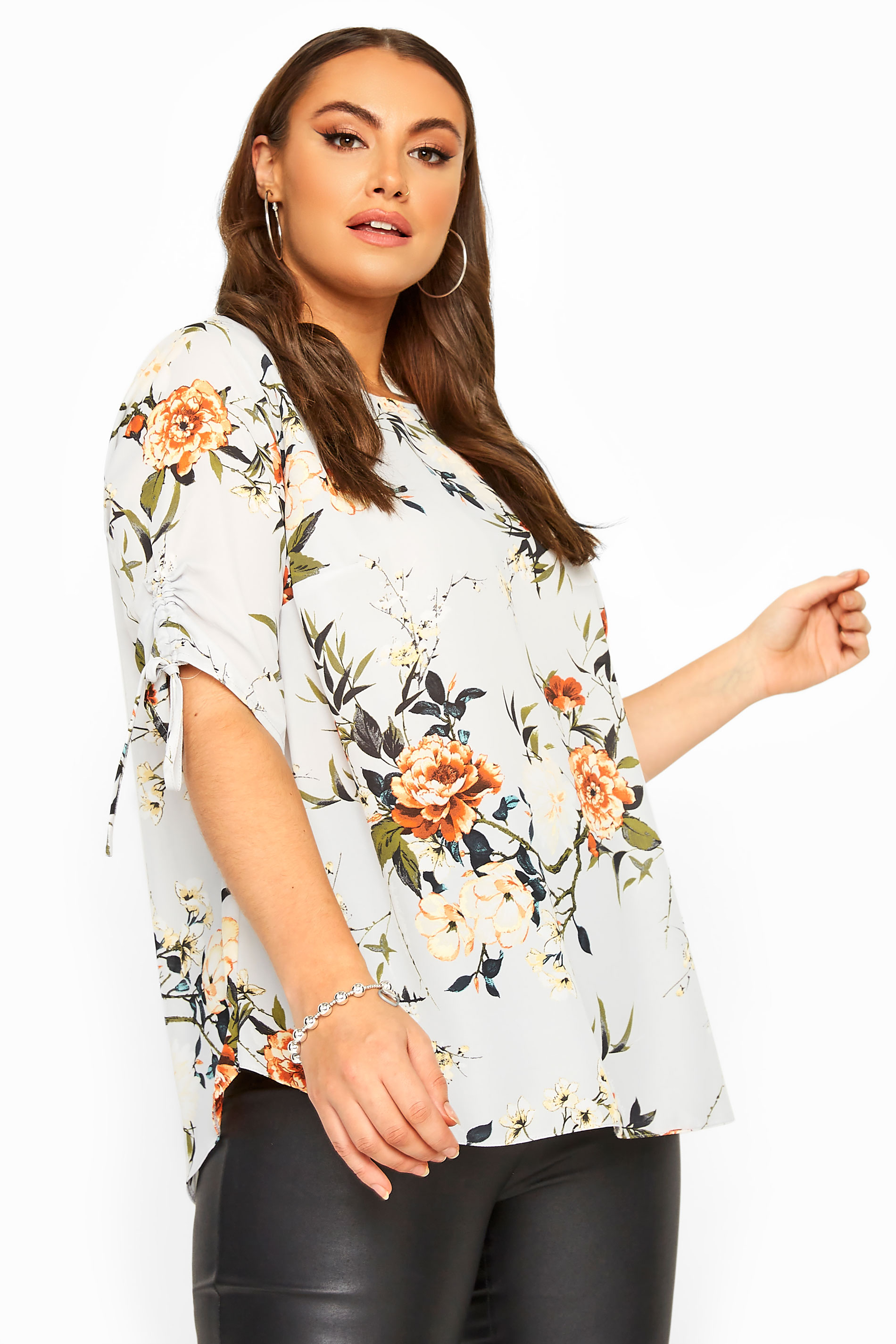 Light Blue Floral Ruched Sleeve Blouse | Yours Clothing