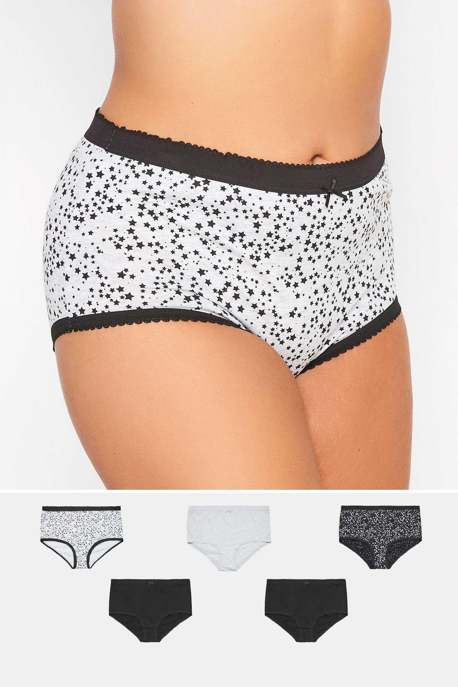 Plus Size 5 PACK Grey & Black Star Print High Waisted Full Briefs | Yours Clothing  1