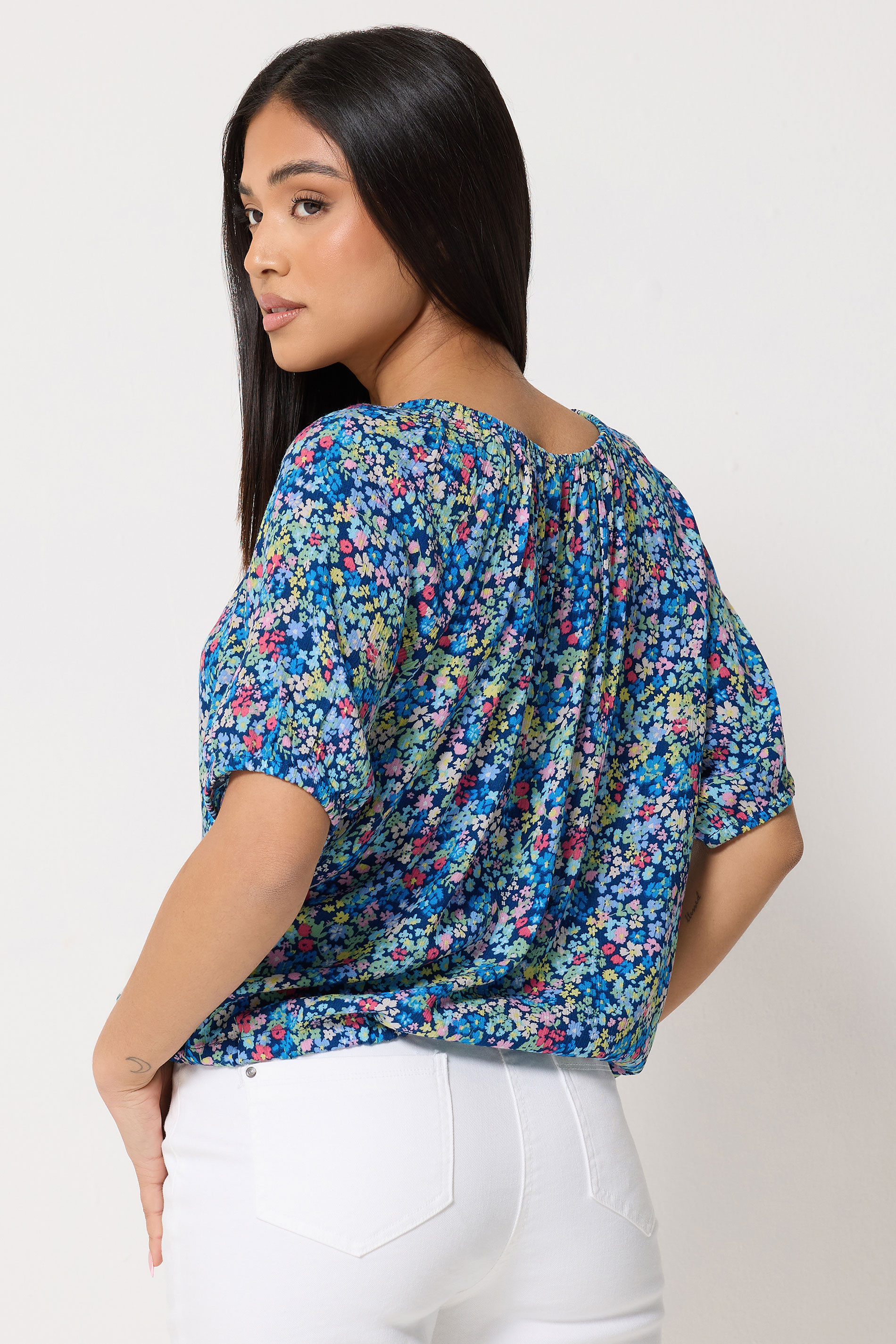 M&Co Petite Blue Ditsy Floral Tie Hem Blouse | M&Co 2