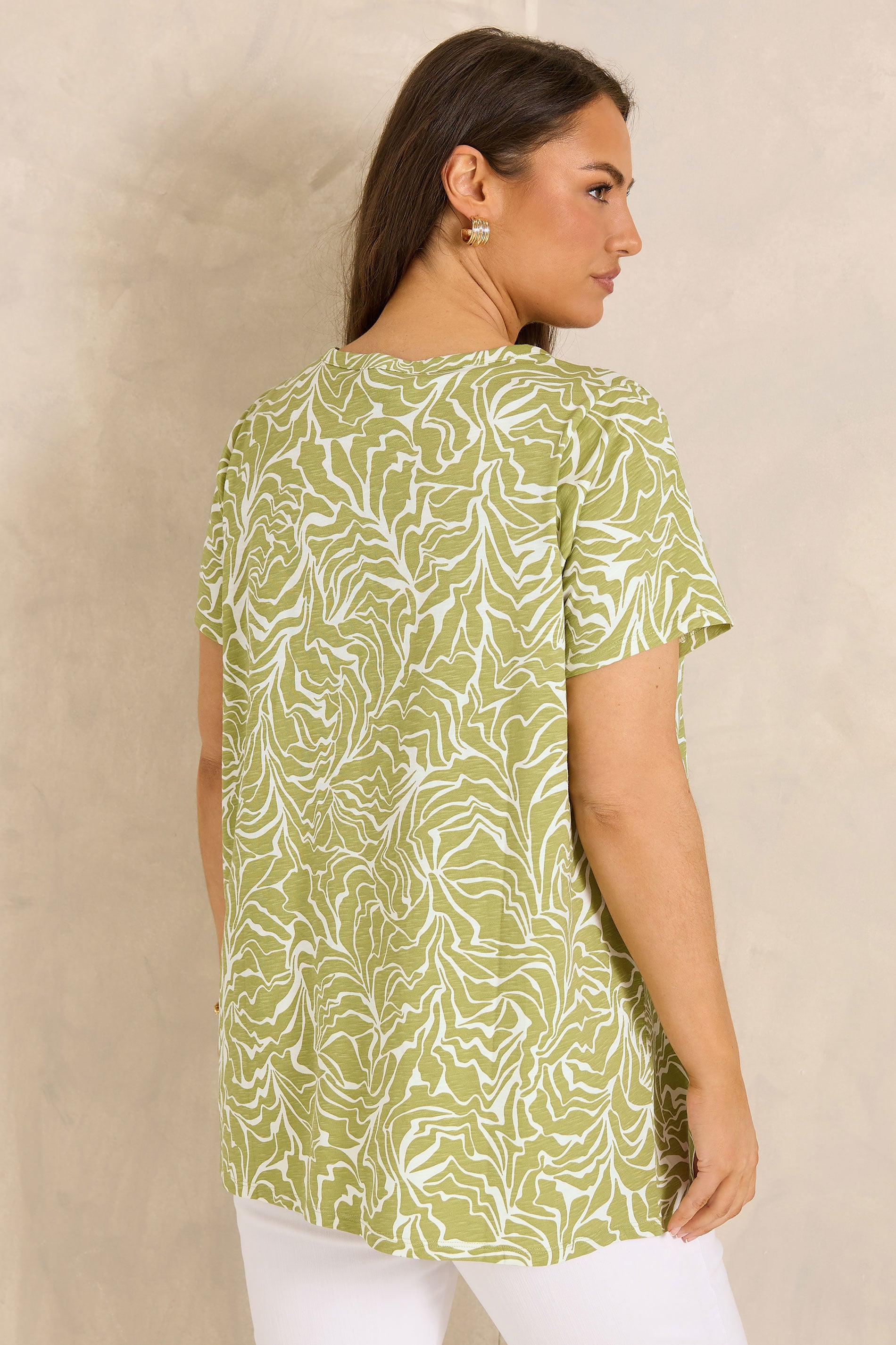 EVANS Plus Size Green Abstract Print Cotton Henley Top | Evans 2