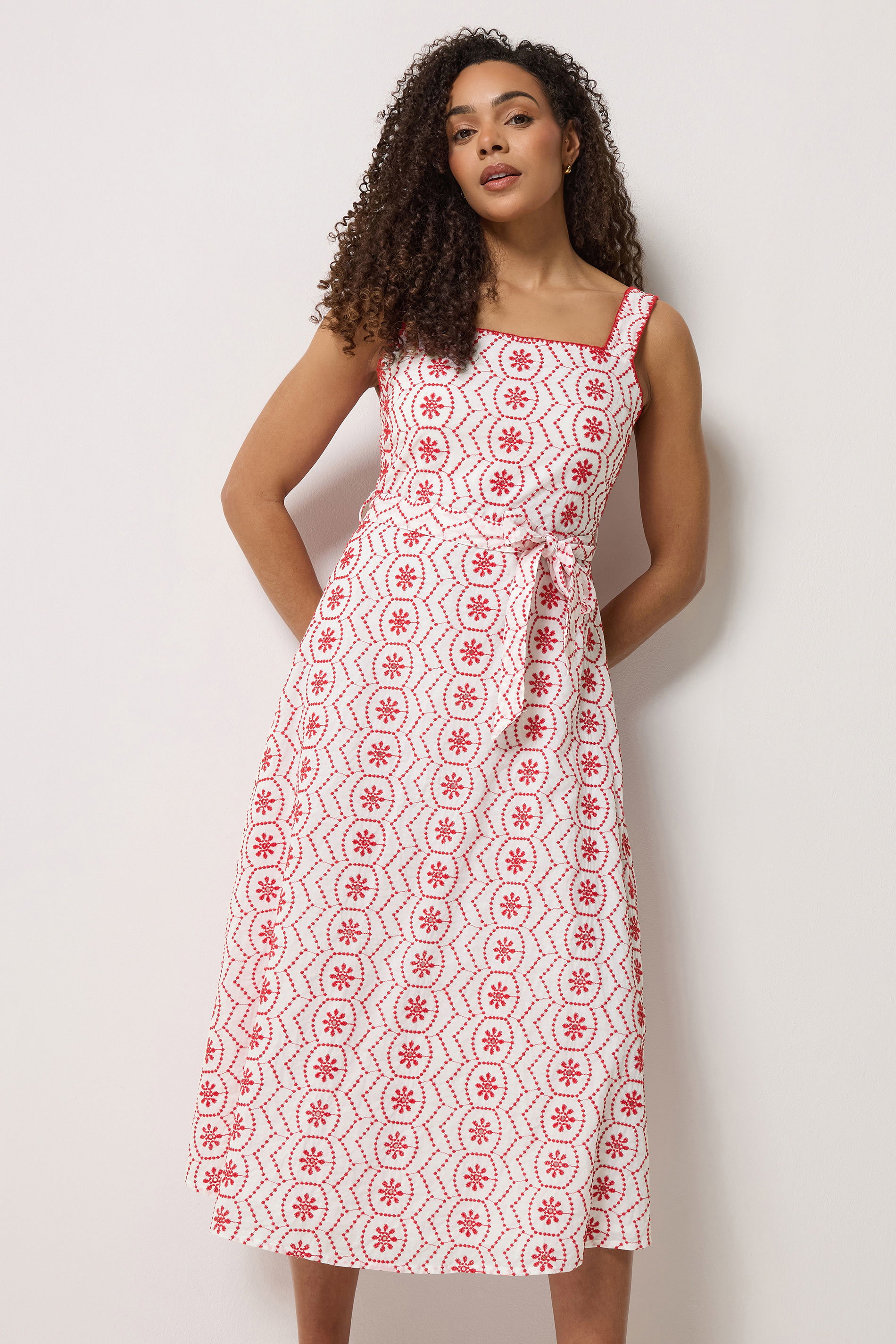M&Co White & Red Embroidered Cotton Tie Waist Dress | M&Co 1