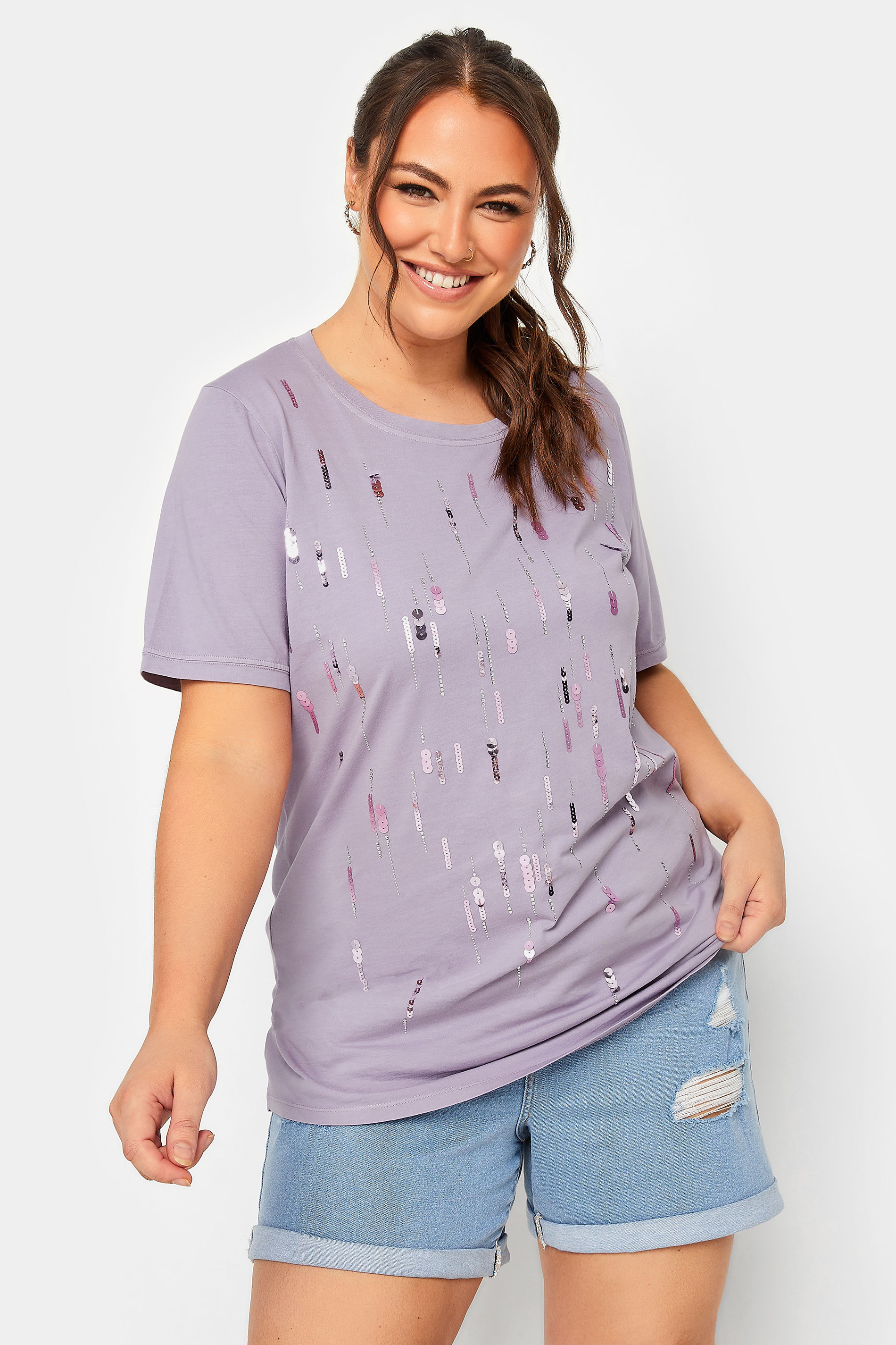 YOURS Plus Size Curve Lilac Purple Embellished T-Shirt | Yours Clothing 1