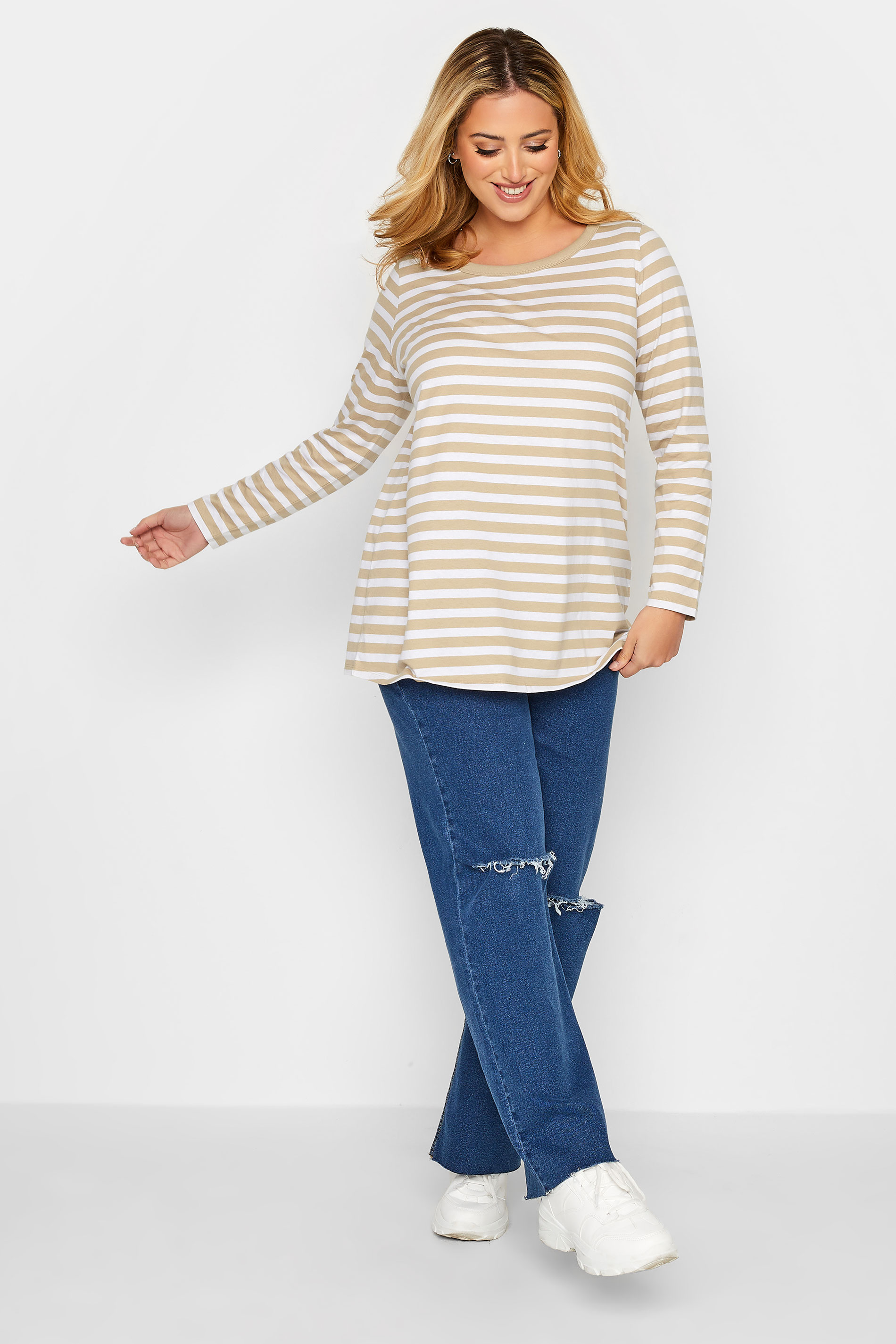Plus Size Beige Brown Stripe Long Sleeve T-Shirt | Yours Clothing 3