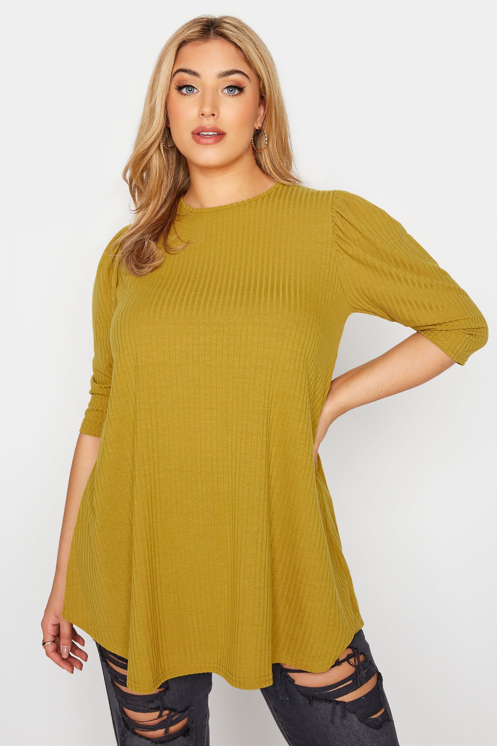 LIMITED COLLECTION Mustard Yellow Puff Sleeve Ribbed Top_A.jpg