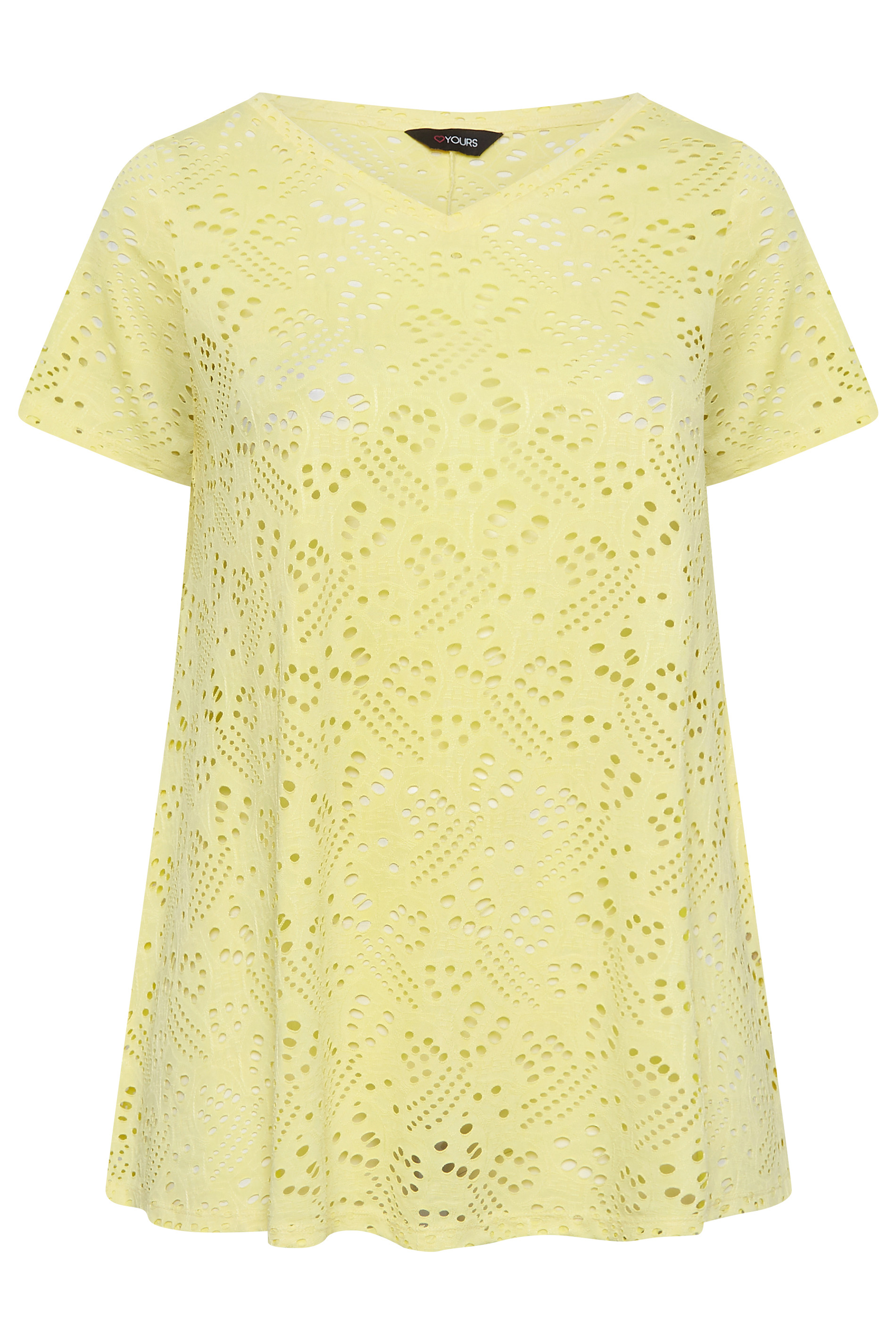 YOURS Curve Plus Size Yellow Broderie Anglaise Swing V-Neck T-Shirt ...