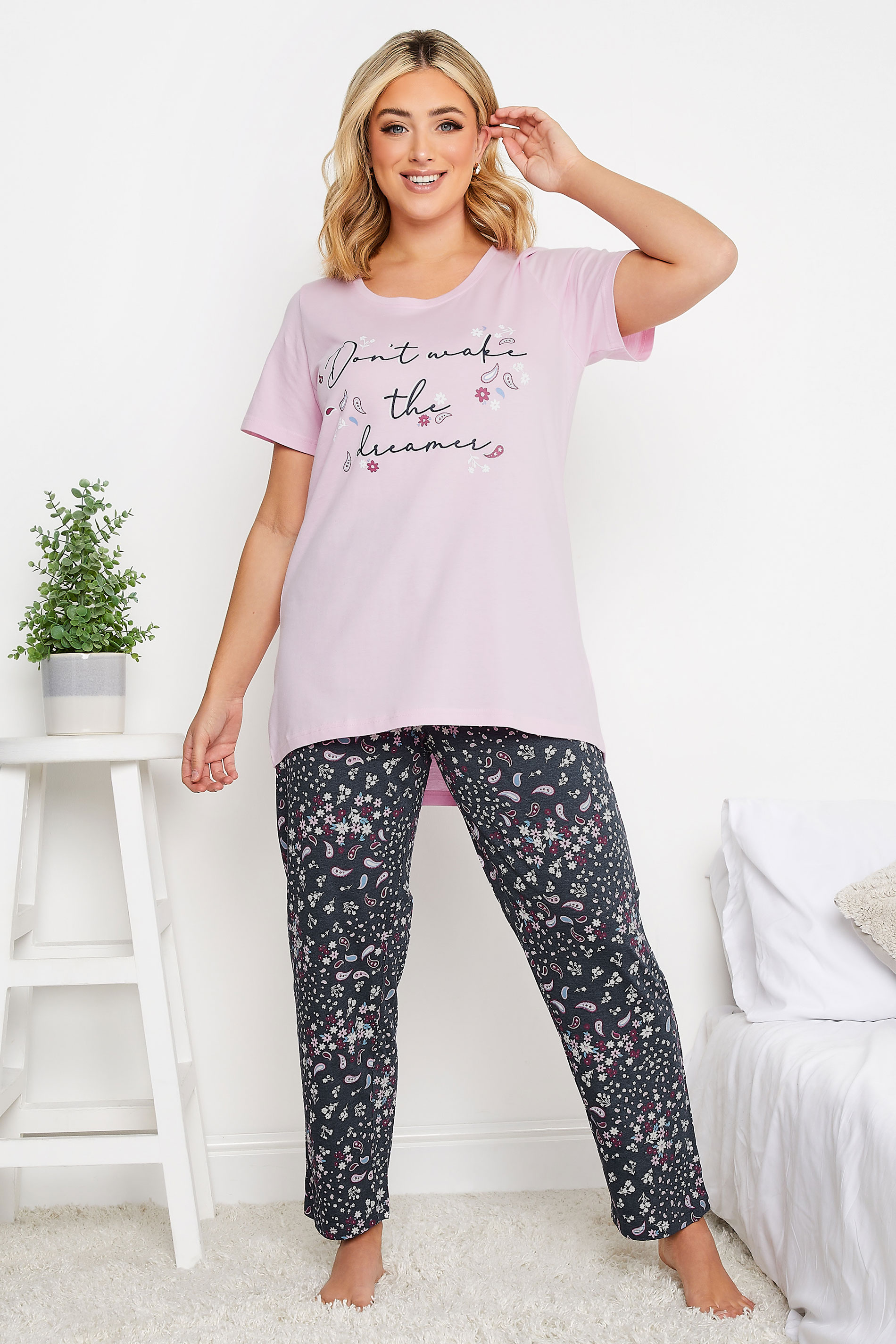 YOURS Curve Pink 'Don't Wake the Dreamer' Slogan Pyjama Set | Yours Clothing 2