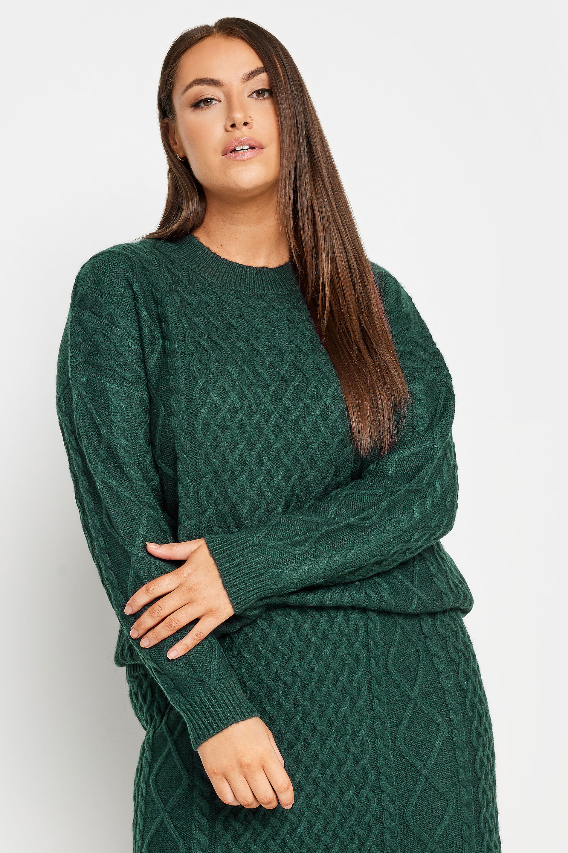 YOURS Plus Size Green Cable Knit Jumper | Yours Clothing 1