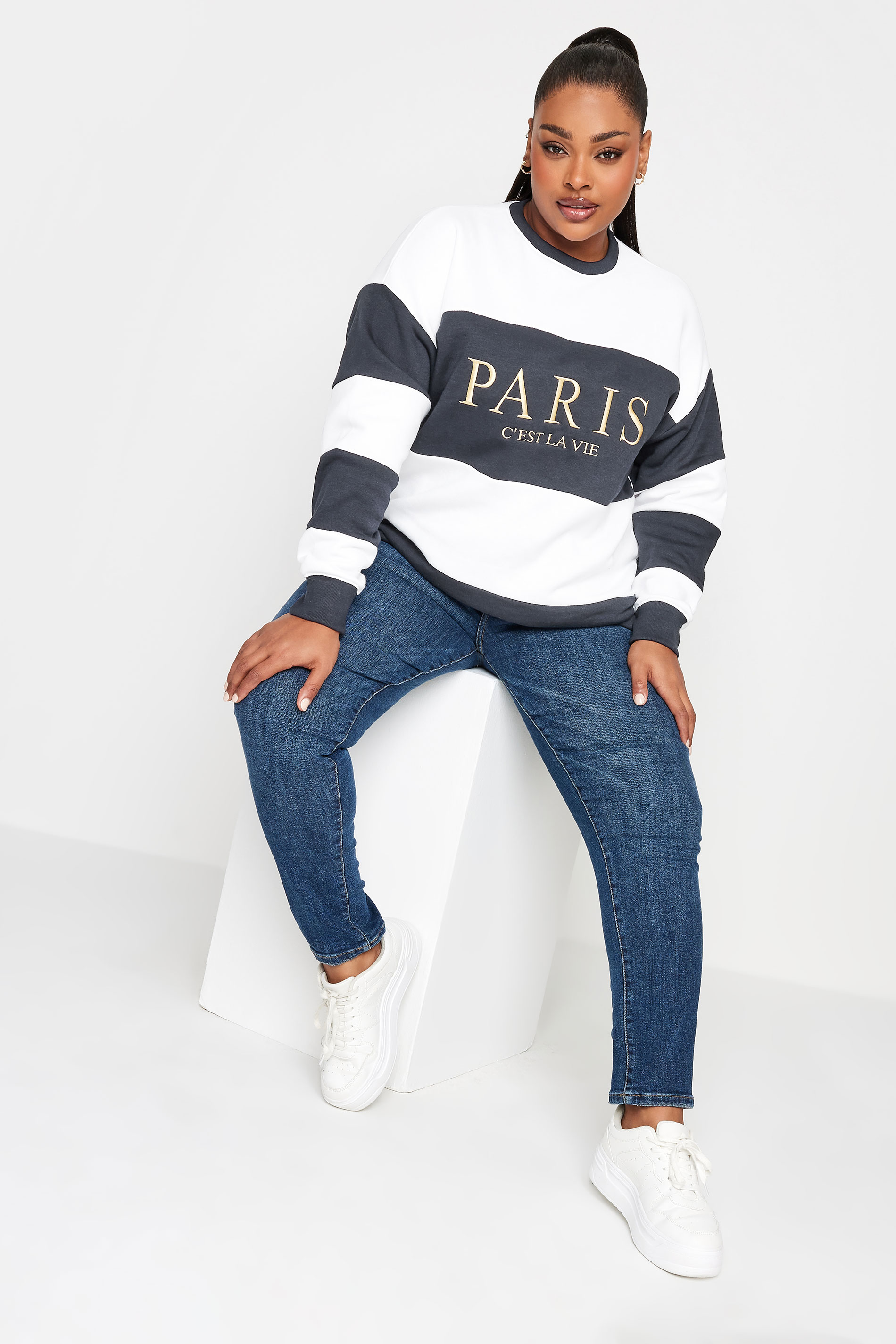 YOURS Plus Size Navy Blue 'Paris' Stripe Print Sweatshirt | Yours Clothing 2
