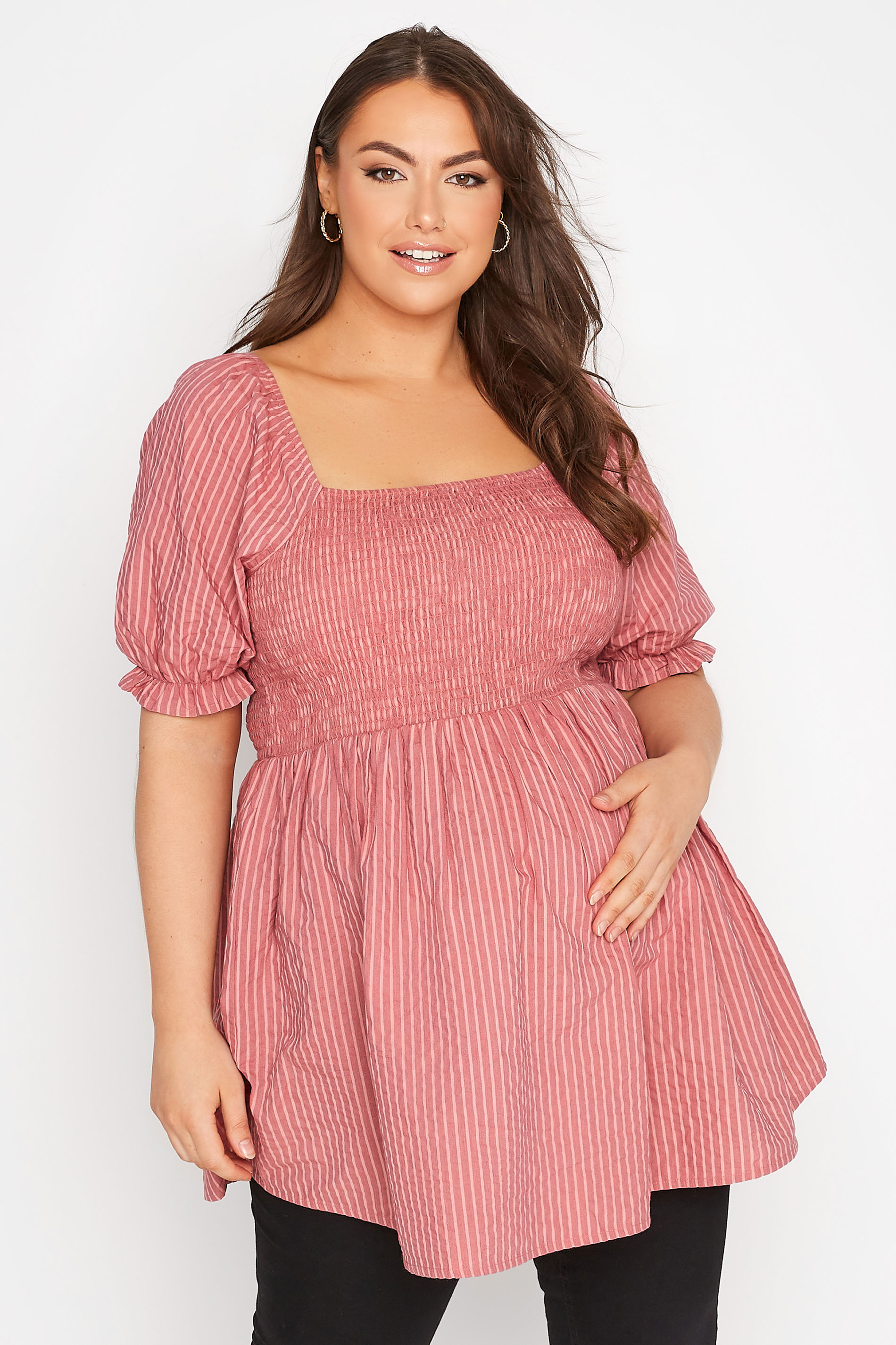 BUMP IT UP MATERNITY Curve Pink Stripe Shirred Square Neck Top 1
