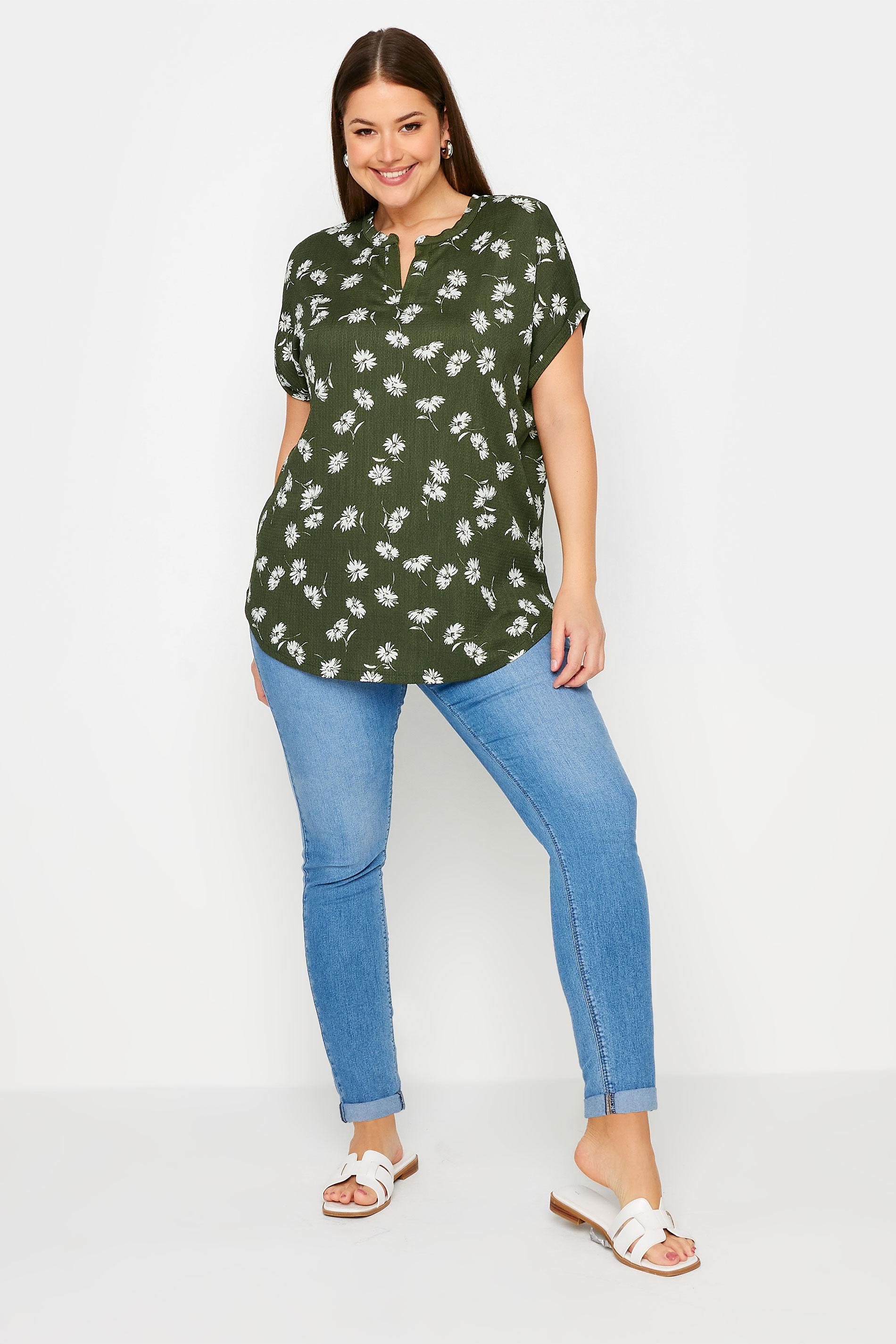 YOURS Plus Size Khaki Green Floral Print Notch Neck Blouse | Yours Clothing 2