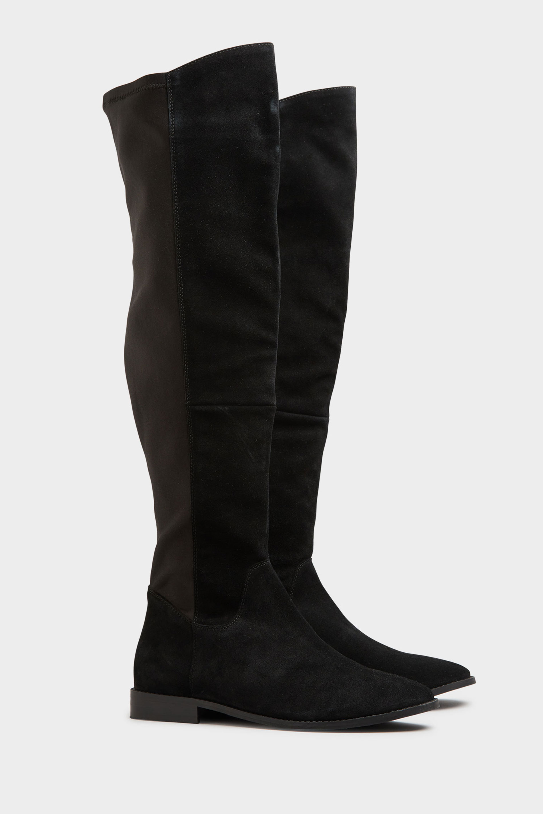 LTS Black Suede Stretch Knee High Boots In Standard D Fit 1