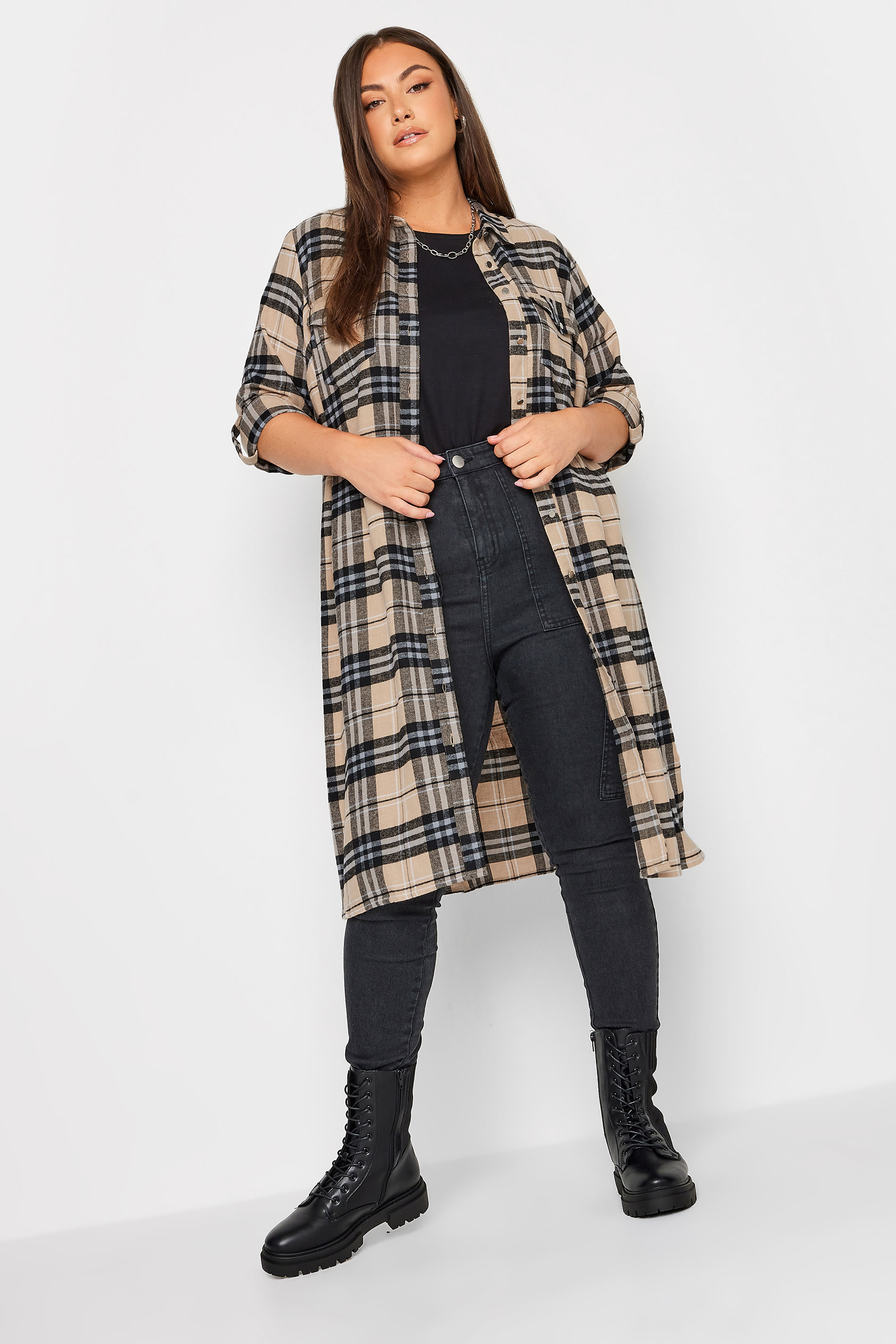 YOURS Plus Size Beige Brown Check Print Longline Shirt | Yours Clothing 2