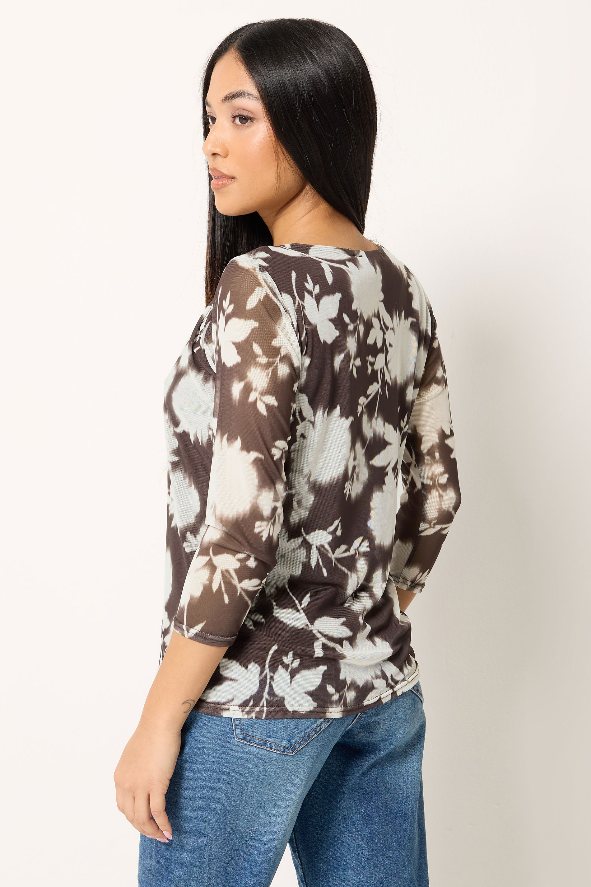 M&Co Petite Brown Floral Print Mesh Crew Neck Top | M&Co 2