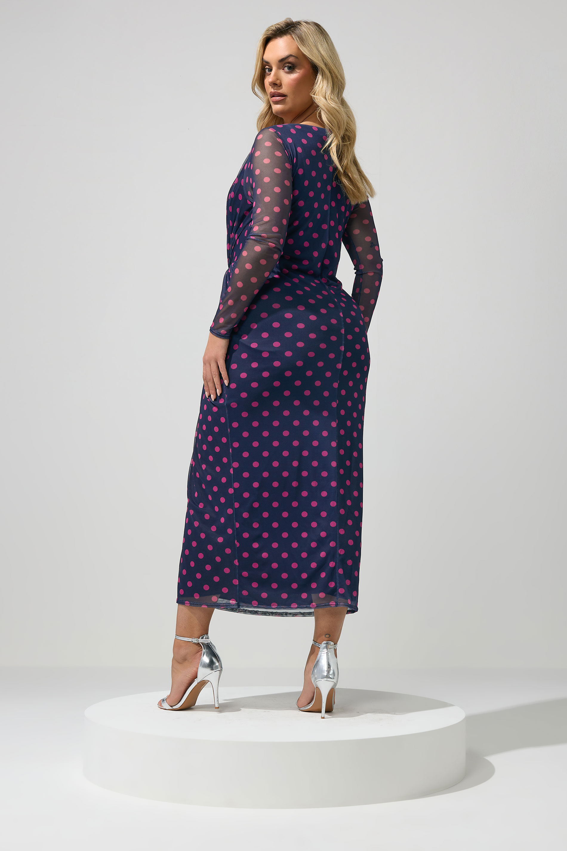 YOURS LONDON Plus Size Navy Blue Polka & Pink Dot Knot Dress | Yours Clothing 2