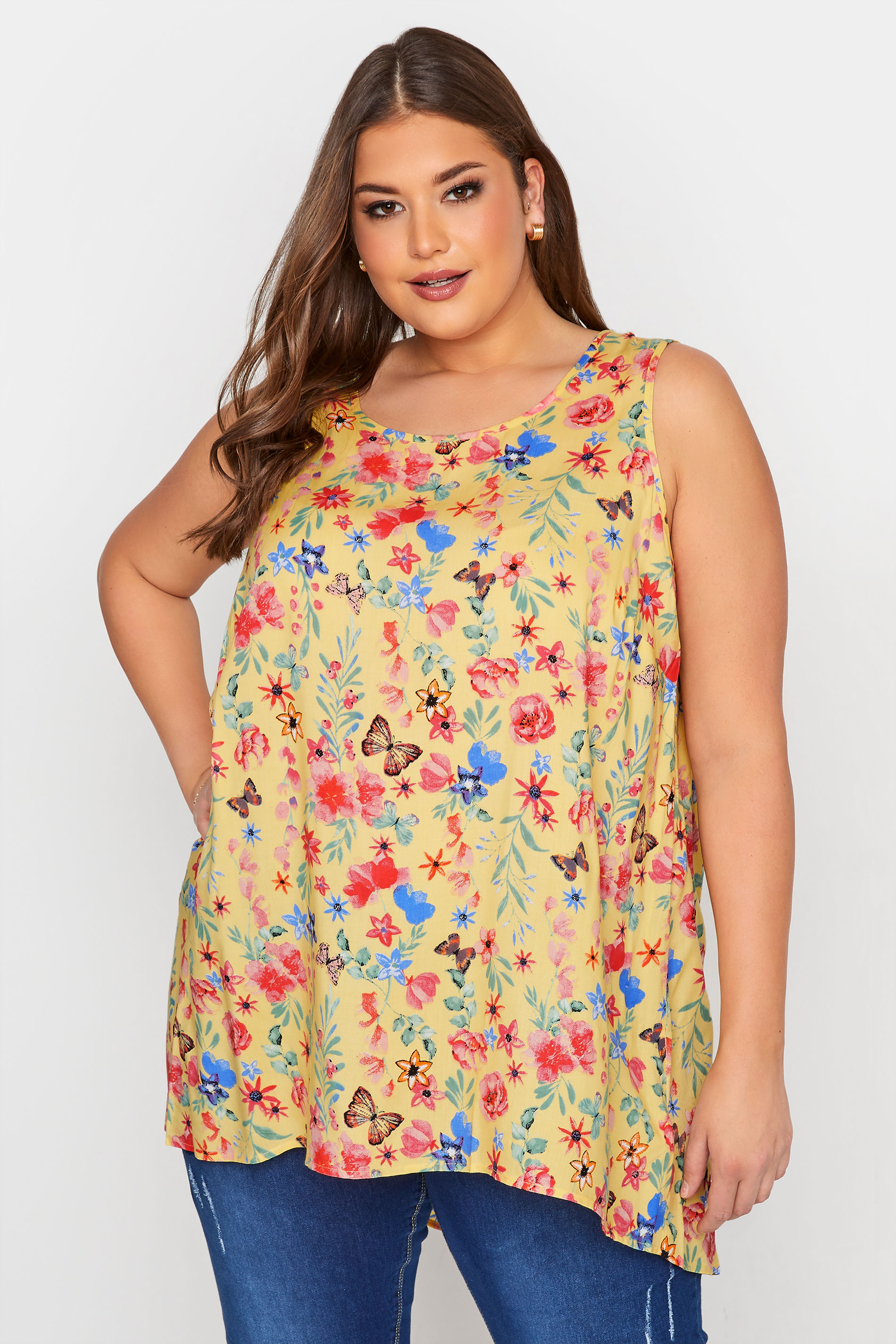 Curve Yellow Floral Print Sleeveless Top 1
