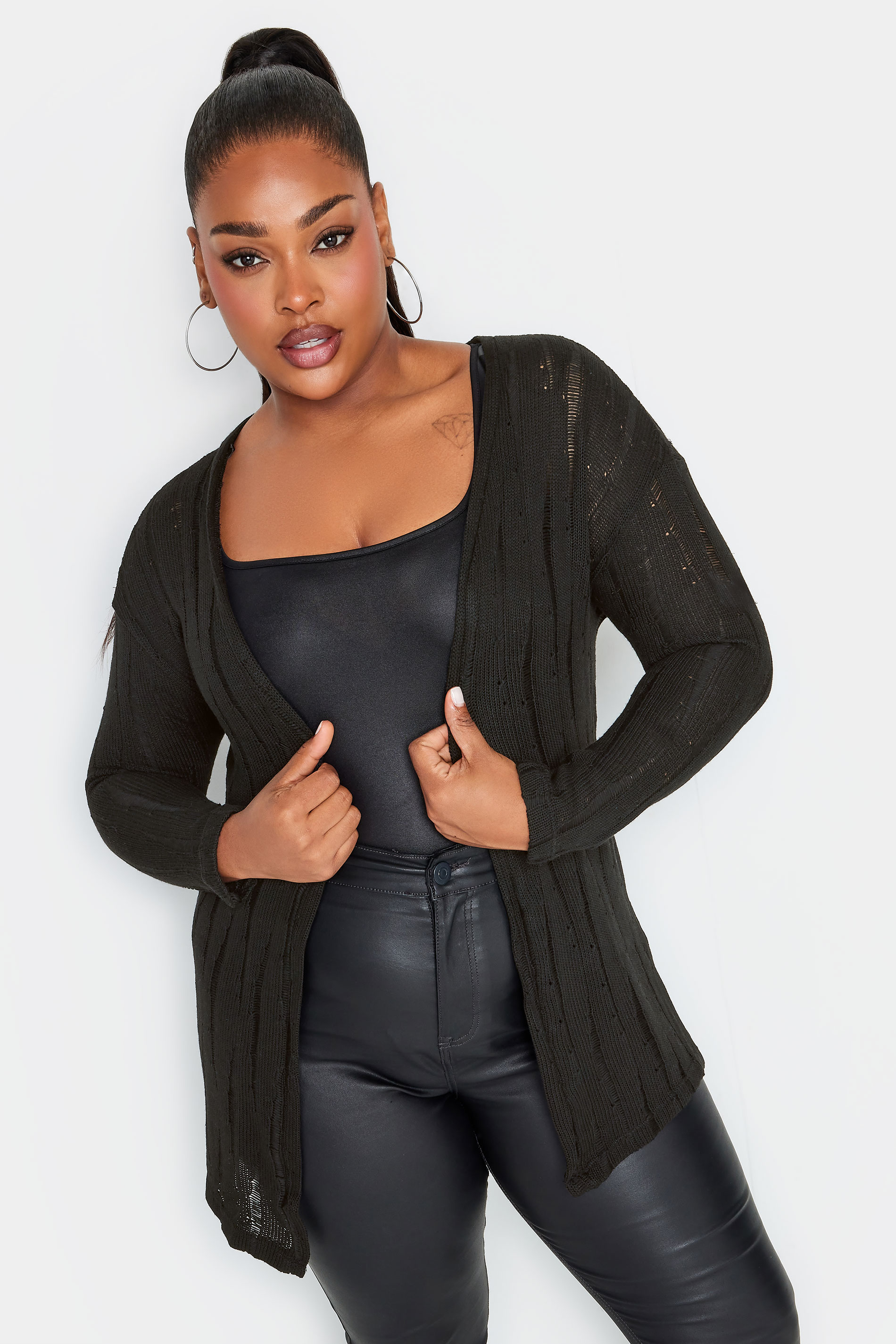 YOURS Plus Size Black Distressed Knitted Cardigan | Yours Clothing 1