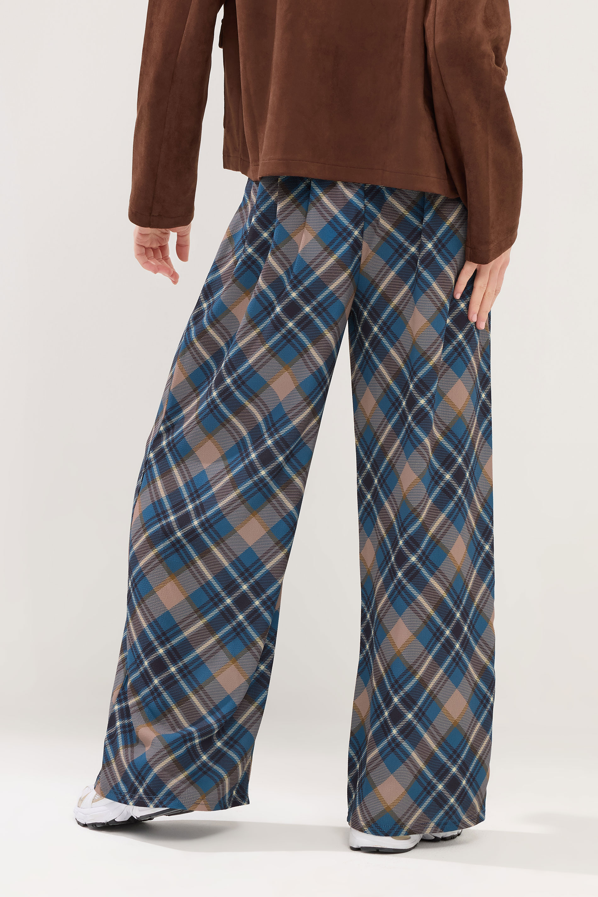 PixieGirl Petite Womens Navy Blue Check Wide Leg Trousers | PixieGirl 2