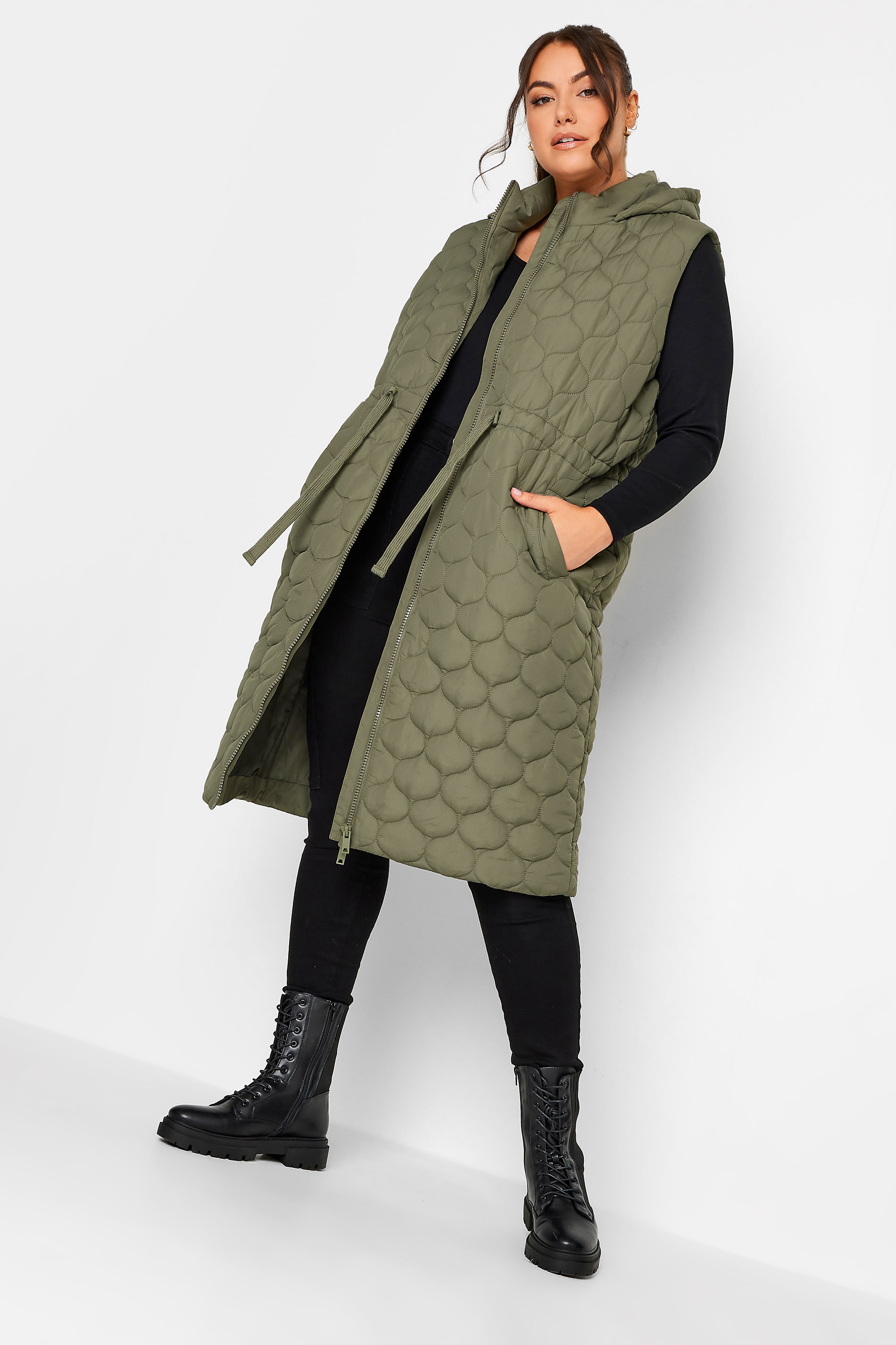 YOURS Plus Size Khaki Green Quilted Longline Gilet | Yours Clothing 1