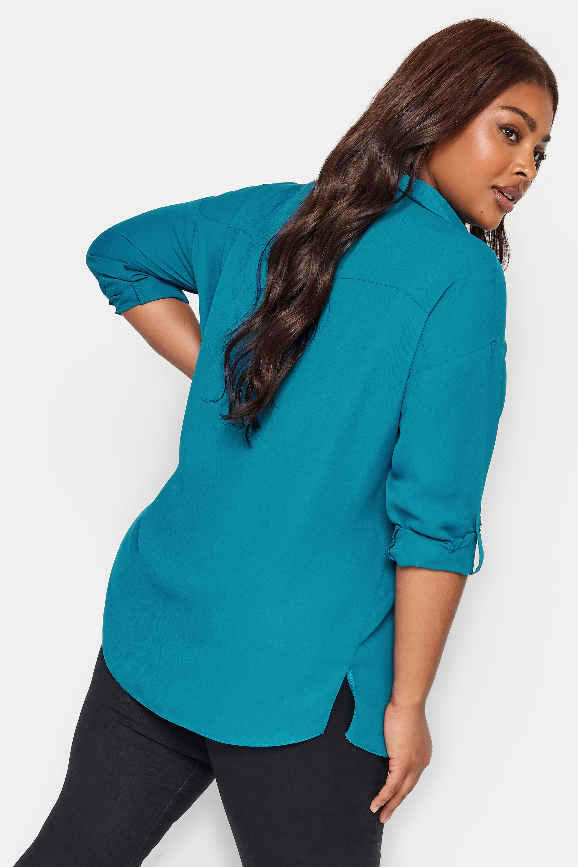 YOURS Plus Size Teal Blue Half Placket Collared Blouse | Yours Clothing 3