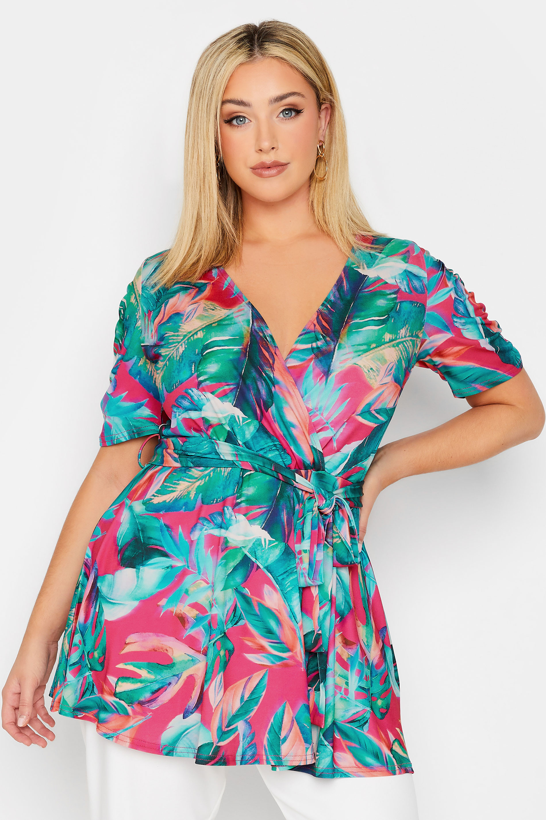 YOURS LONDON Plus Size Curve Blue Tropical Print Wrap Top | Yours Clothing  1