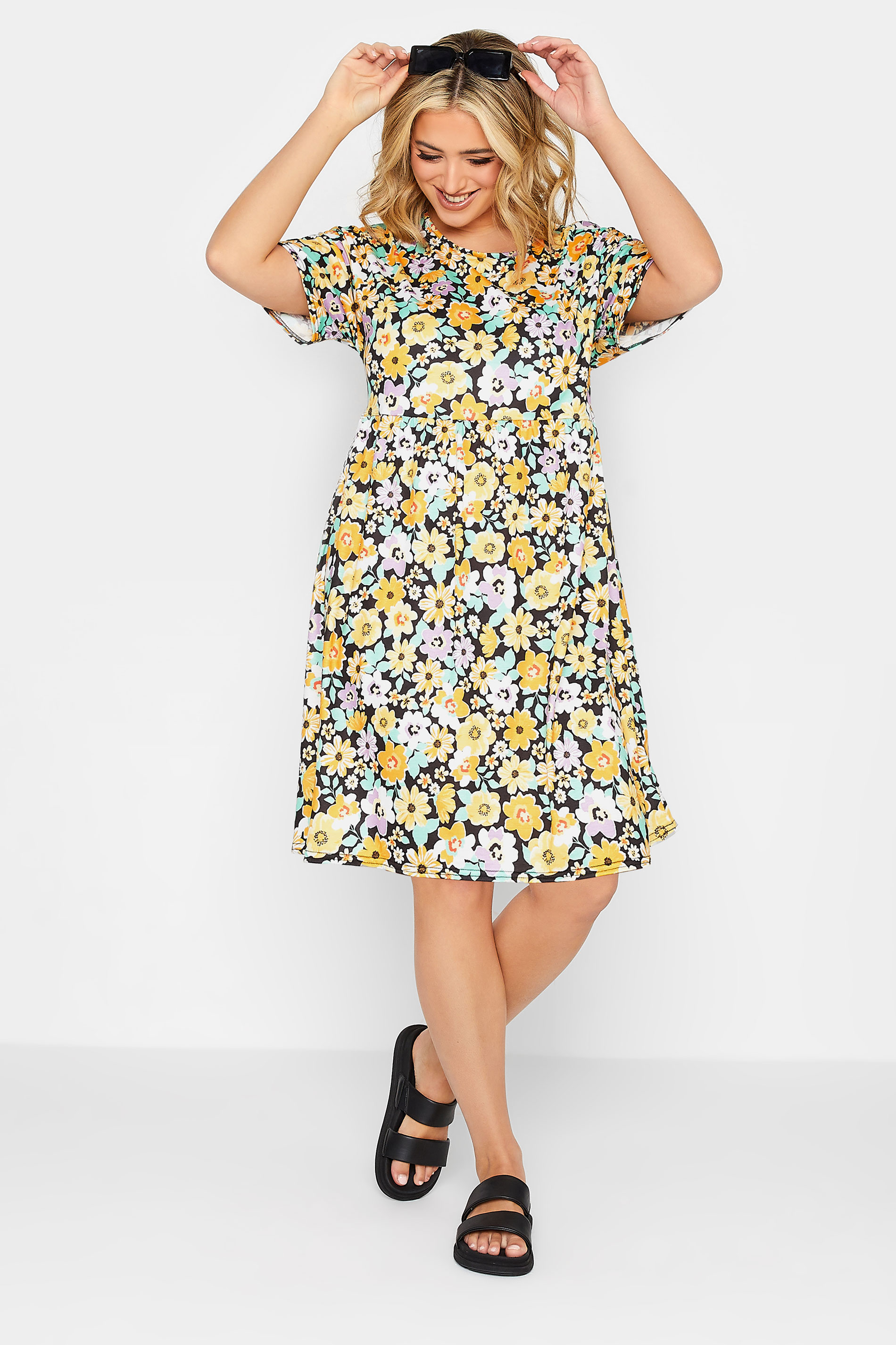 YOURS PETITE Plus Size Yellow Floral Print Smock Dress | Yours Clothing 3